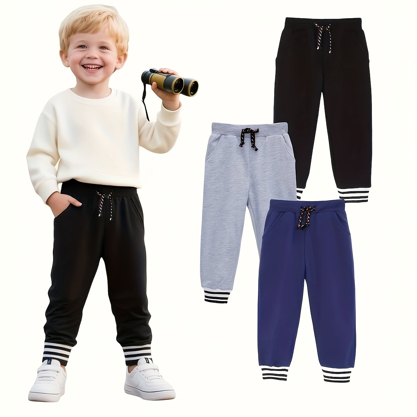 Image of 3pcs Set Of Boys' Sweatpants For Back To School, Solid Color, Elastic Waistband With Drawstring, Pocketed, Comfortable For Outdoor Casual Sports, Tapered Long Pants For Autumn And Winter