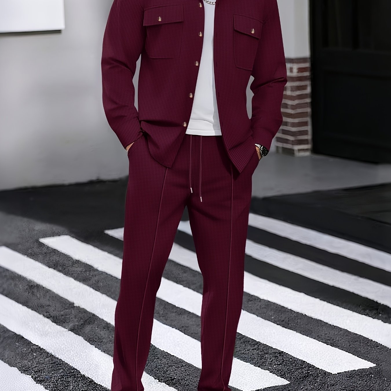 TEMU Men's 2pcs Set, Solid Color Single-breasted Long Sleeve Shirt With 2 Pockets And Pants Suit, Men's Casual Thin Spring/autumn Clothing