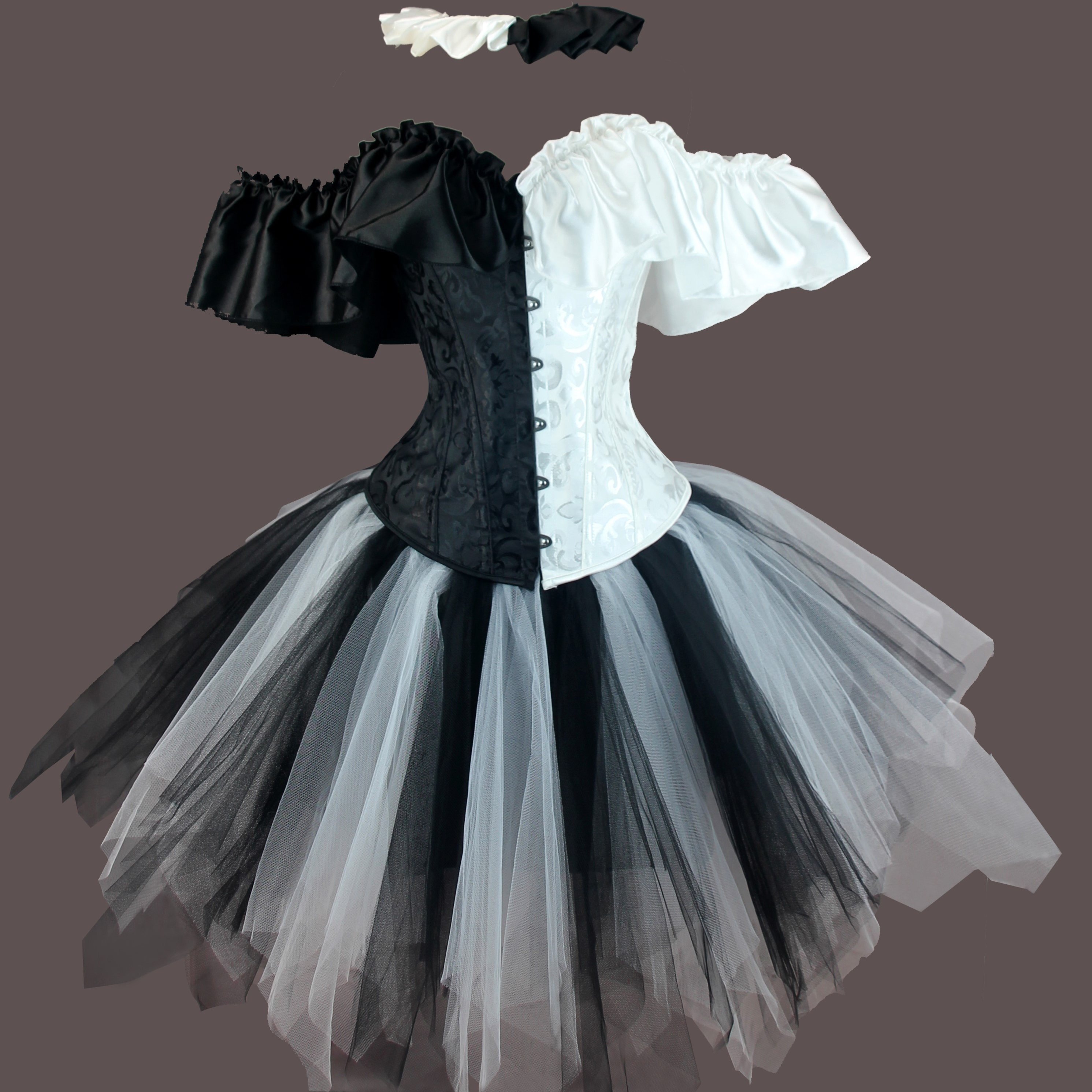 Image of Black And White Jacquard Off-shoulder Bodycon Bodysuit And Tutu Black And White Tulle Skirt And Scarf, 3pcs Set, Halloween Costume Outfit, Carnival, Easter, Elegant Party, Role-playing