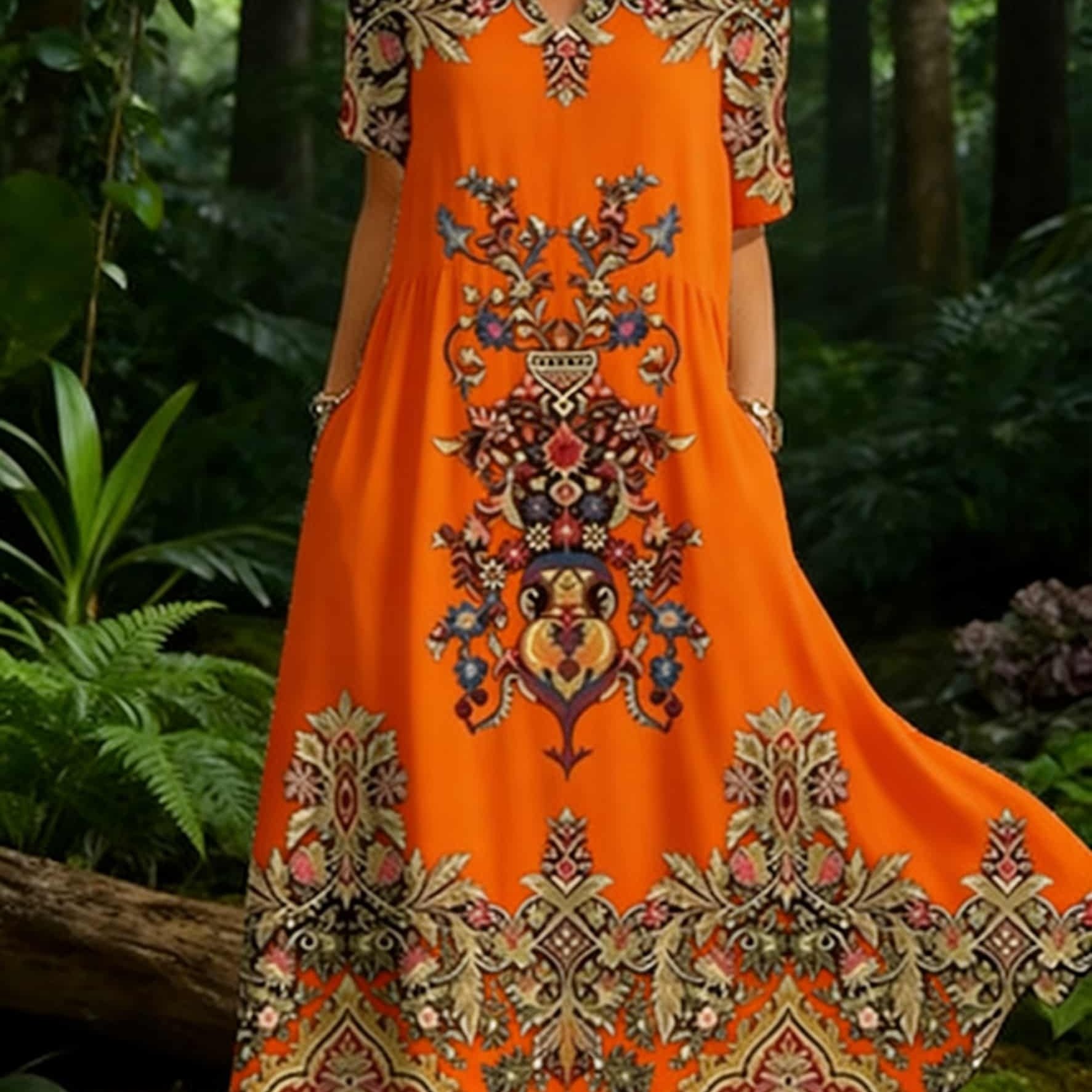 Plus Size, Plus Size Ladies Black Flower Embroidered Bohemian Dress, V-neck And Short Sleeves Plus Size Summer Women's Dress