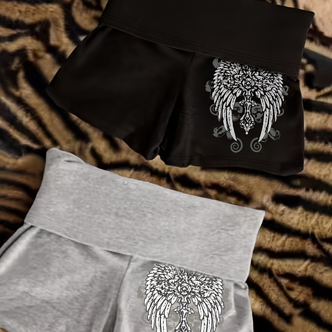 TEMU Y2k And Gray Wing Print High-waist Shorts Summer Comfortable Elastic Slim Casual 2pcs Set
