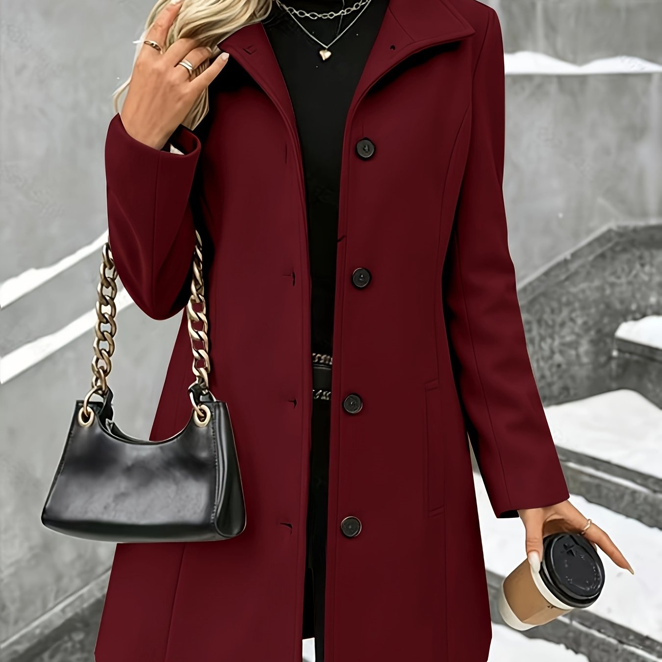TEMU Fashion Women's Elegant Tweed Coat Trendy Versatile Mid-length Solid Color New Long Sleeve Autumn Winter Coat