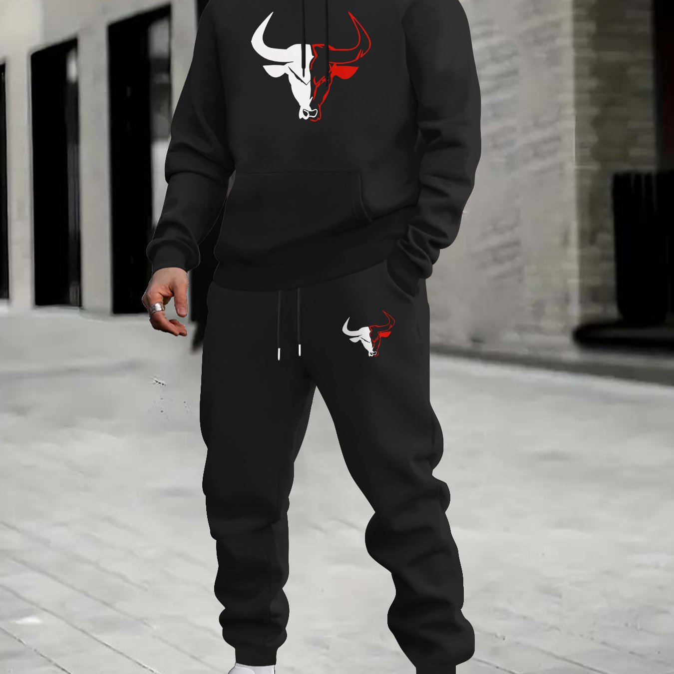 TEMU Cow Print Element Men's Long Sleeve Hooded Sweatshirt Two-piece Set, Casual Sportswear Fashion Trendy Suit