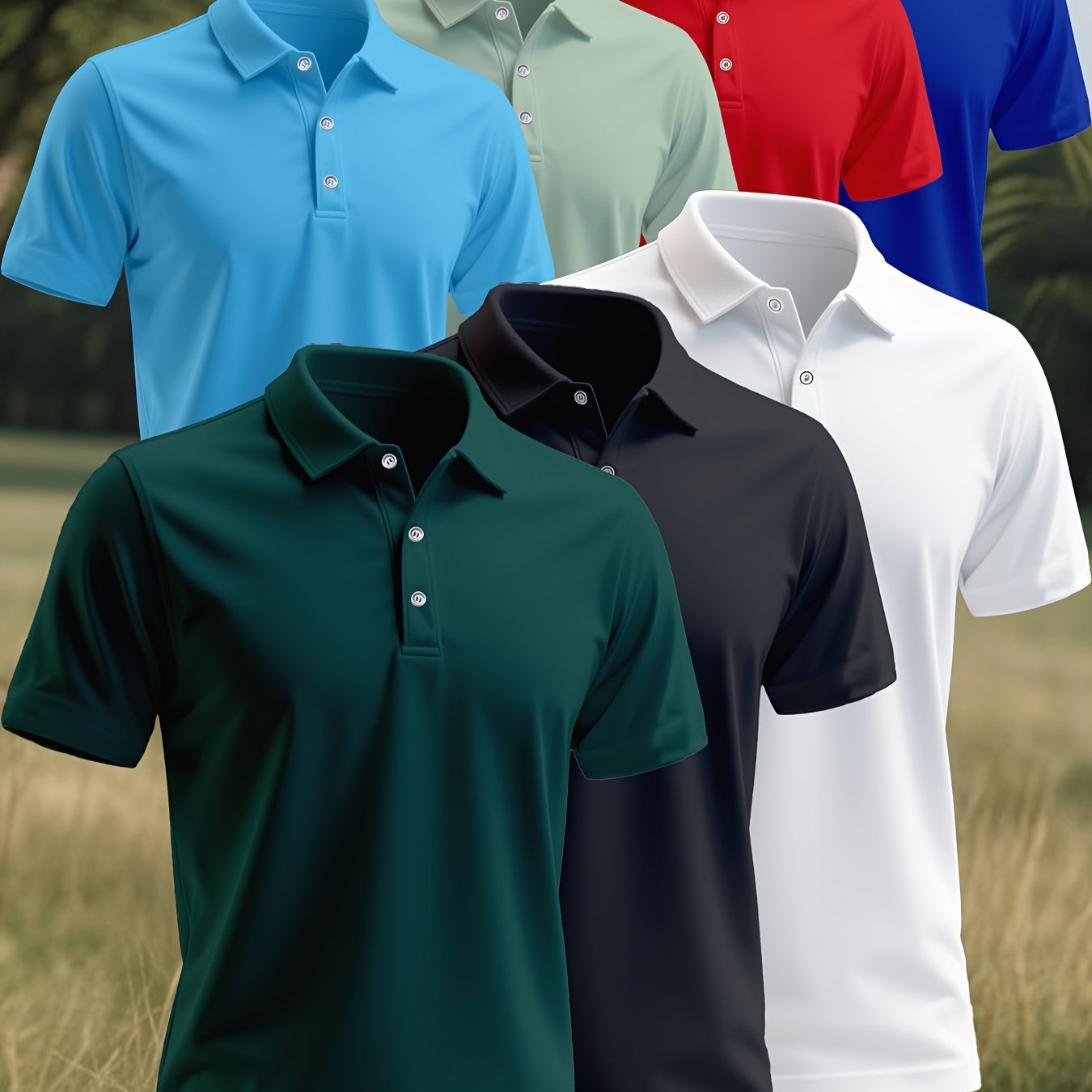 TEMU 7pcs Set Men's Summer Solid -feel Comfortable Lapel Top, Golf Collar Short Sleeve T-shirt Short Sleeve 100% Polyester Soft And Comfortable