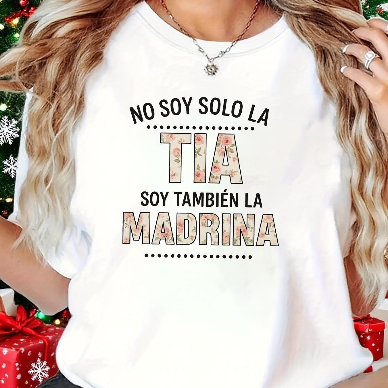 TEMU Camiseta de Mujer con Estampado en Español " SOLO LA TÍA SOY TAMBIÉN LA ", Manga Corta Blanca con Cuello - Lavable a Máquina, Adecuada para ,