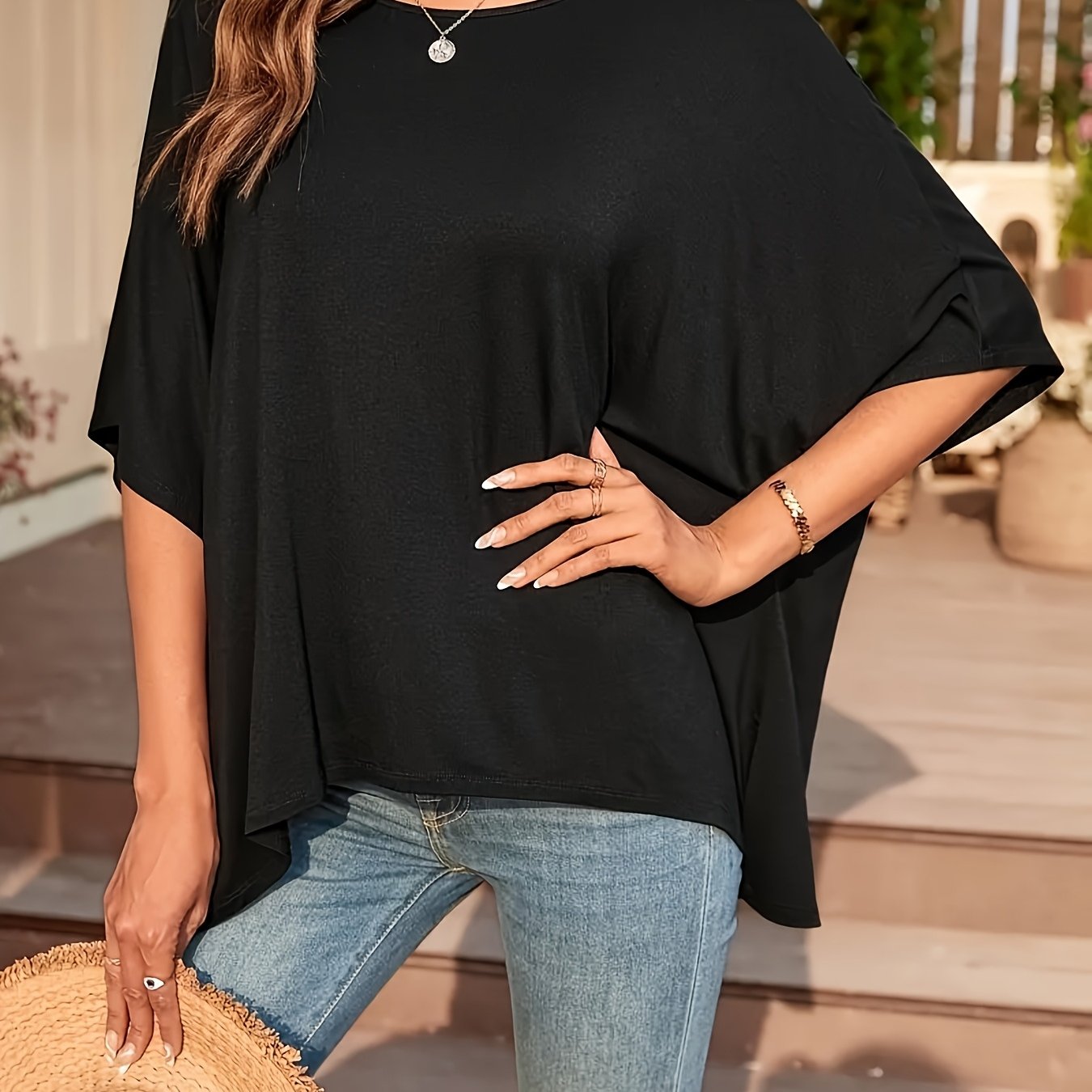Plus Size - Plus Size - Elegant Solid Color Round Neck Top For Women, A Stylish Piece Suitable For