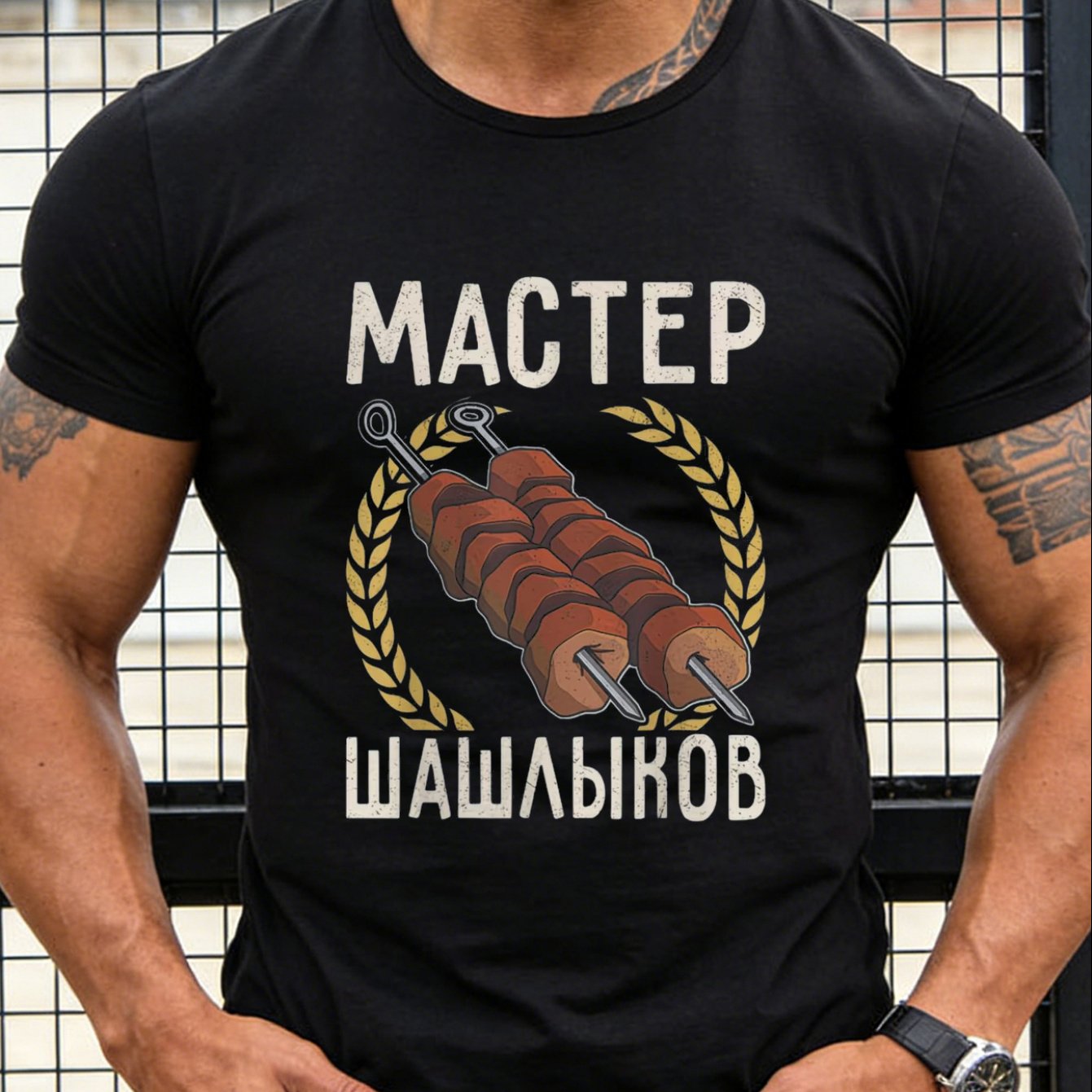 TEMU Men's Bbq T-shirt - Shashlik Kebab Print Short Sleeve Crew Neck Breathable Shirt Suitable For Outdoor, Casual Wear & Grilling Parties, Machine