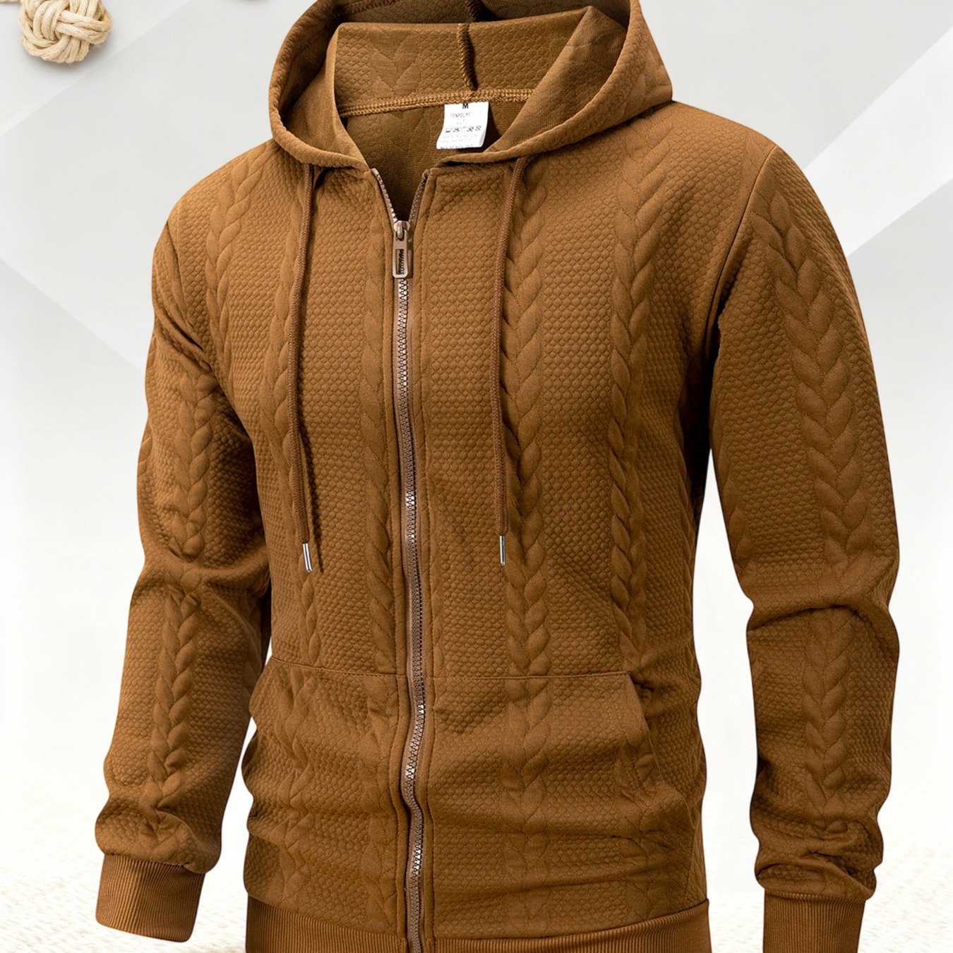 TEMU Autumn Winter Men's Texture Hooded Jacket, 3d Braid Texture Solid Color Casual Coat, Vintage Literary Cardigan, Full Zip Closure Design, Side-in