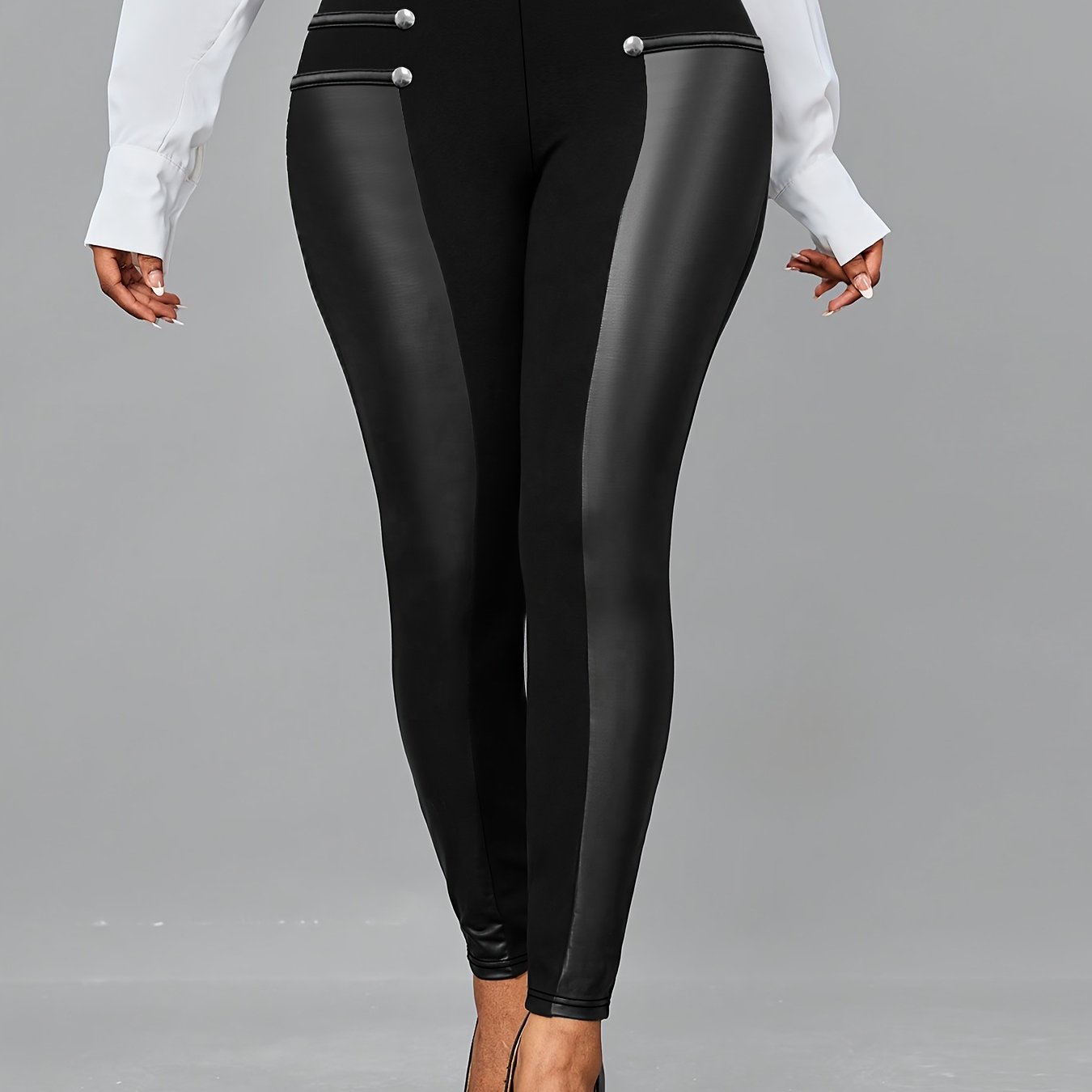 TEMU Plus Size, Solid Color Slim-fit Leggings - Sequin Beading Craft, Suitable For Daily Wear, Shopping, Elegant Style, Fashionable And Versatile,