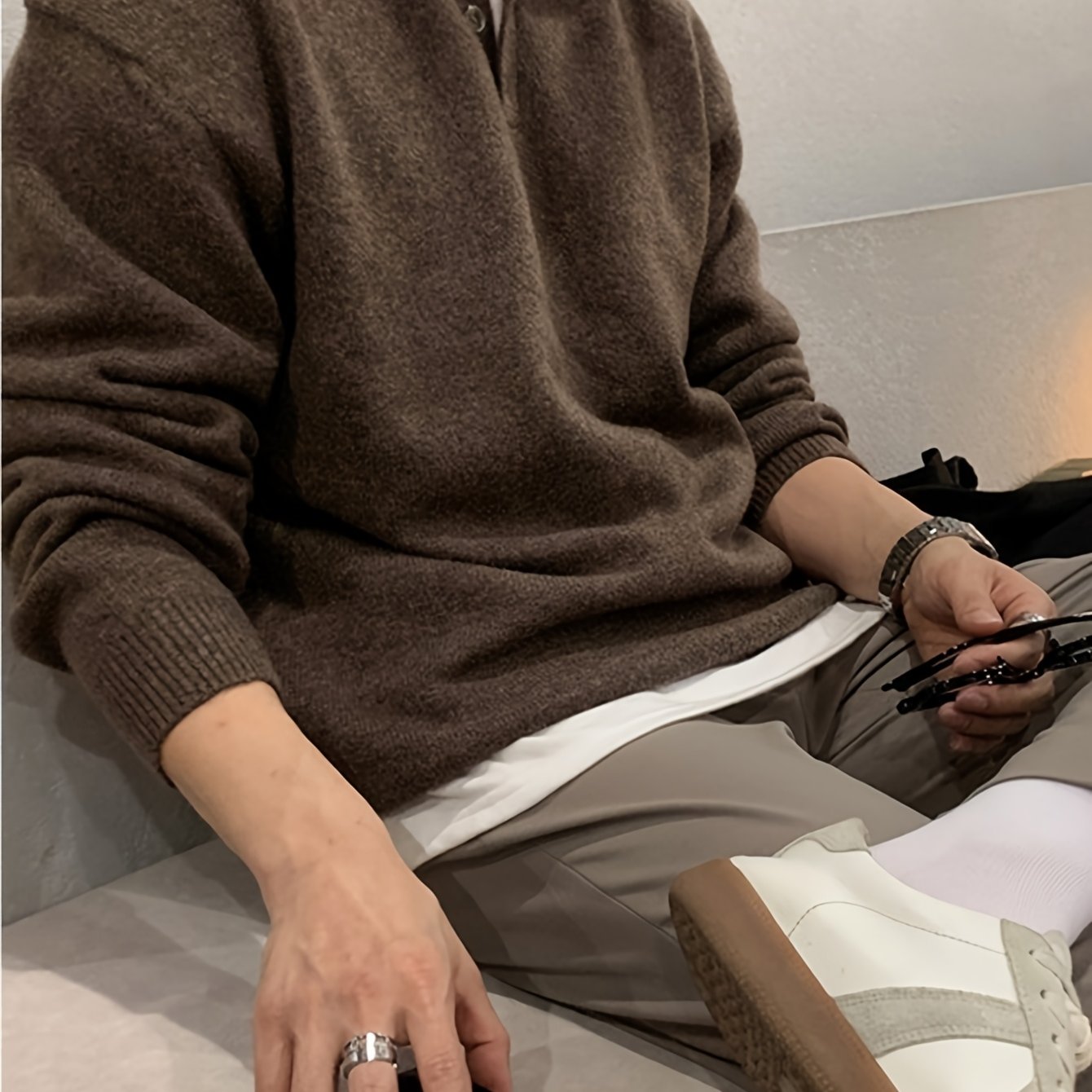 E-shop Herbst Winter Polo Hemd Sweater Einfarbig Neuer Herren Freizeit Lazy Top Locker Strick Sweater Rundhals Button-Up Kragen Pullover