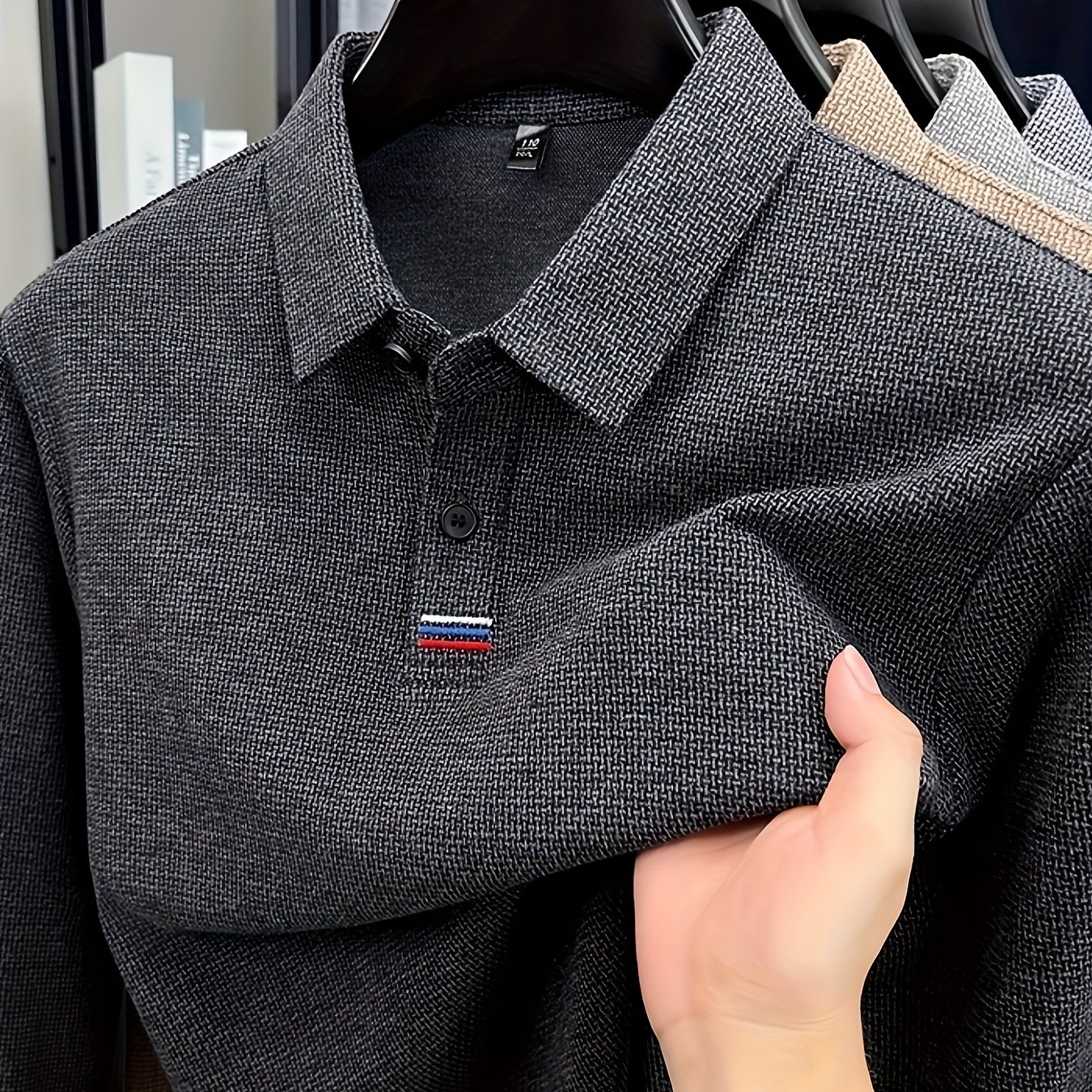 Image of Men's Fashion Shirt, Autumn/winter Long Sleeve Lapel Solid Color Casual Shirt With Geometric Pattern, Warm Fabric, 1/4 Button , Outdoor Sports Golf Shirt, , Geometric Print, Sporty Style