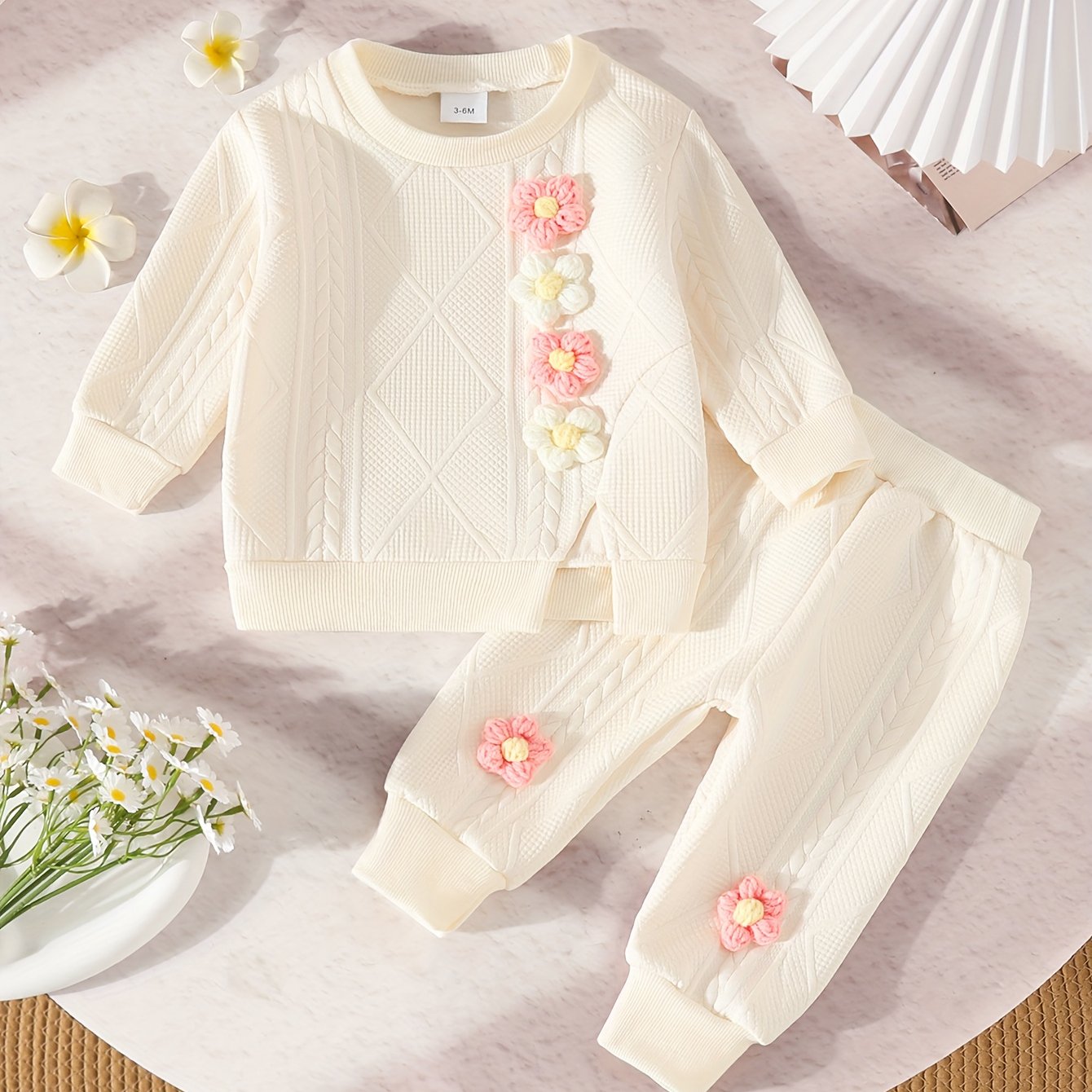 Image of Stylish Baby Girl Long Sleeve Pants Three-dimensional Flower Sweatshirt Set, For Outdoor, Newborn/toddler Necessities, Christmas, Halloween
