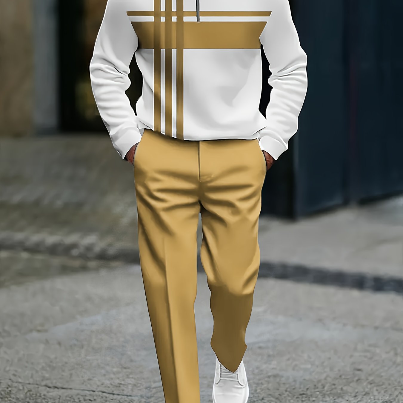 TEMU 2025 Autumn And Yellow Striped Splicing Drawing Men's Casual Sports Suit, Fashionable And Easy Lines Men's Half-zip Round Neck Long-sleeved Top