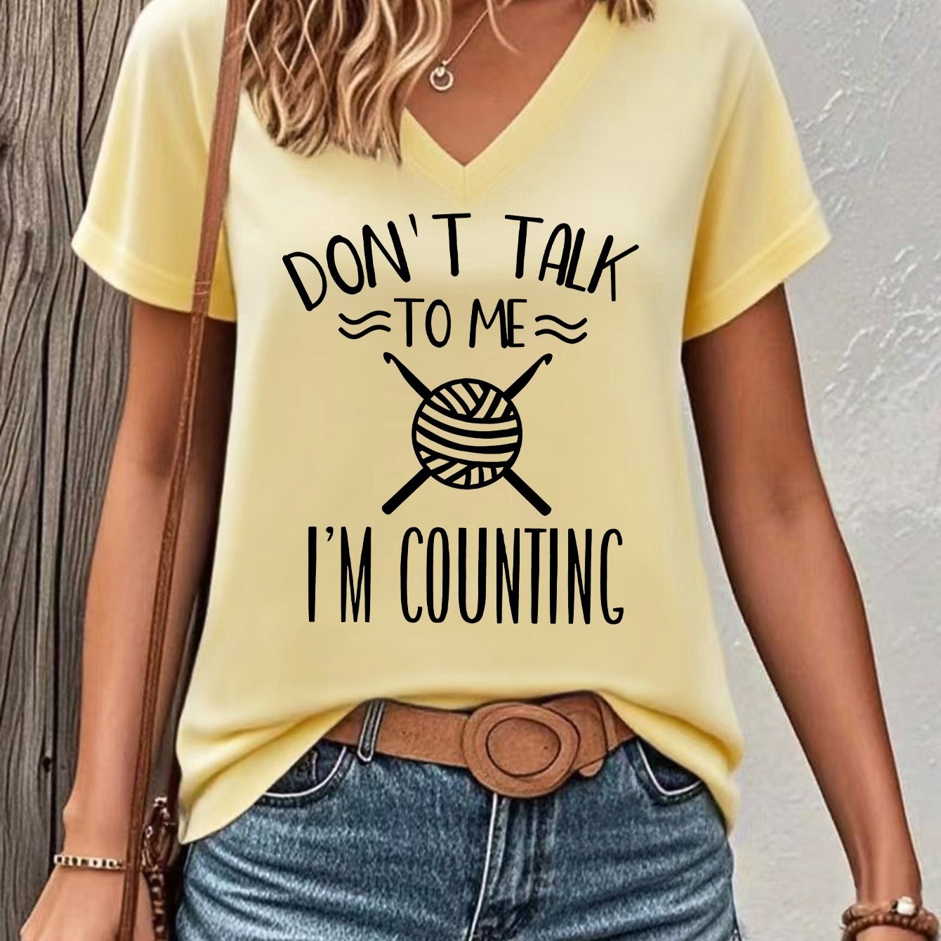TEMU Interesting Handmade Mom V-neck T-shirt, Crochet Printed V-neck T-shirt, Gift For Grandma, T-shirt For Handmade Lovers
