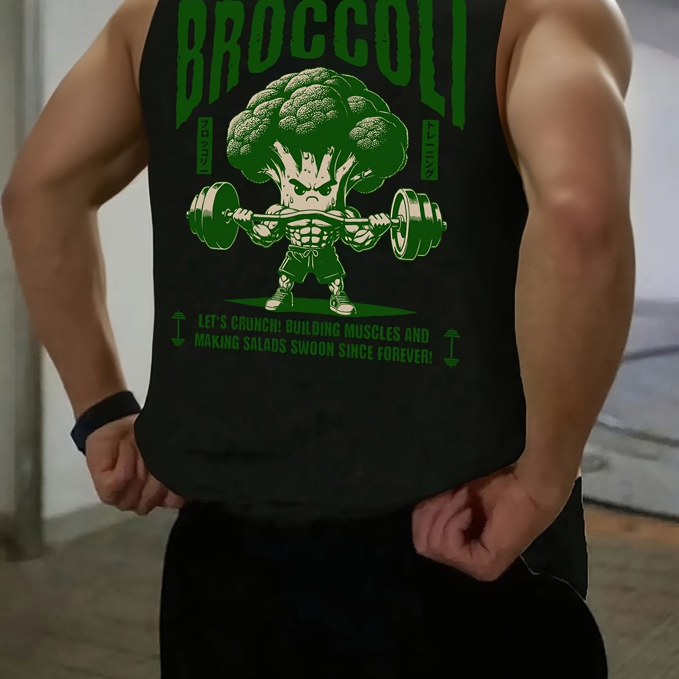 TEMU Men's Casual Sports Tank Top - Lightweight Breathable Knit Fabric With Broccoli Print, Round Neck Sleeveless Design For Gym & Casual Attire, Gym