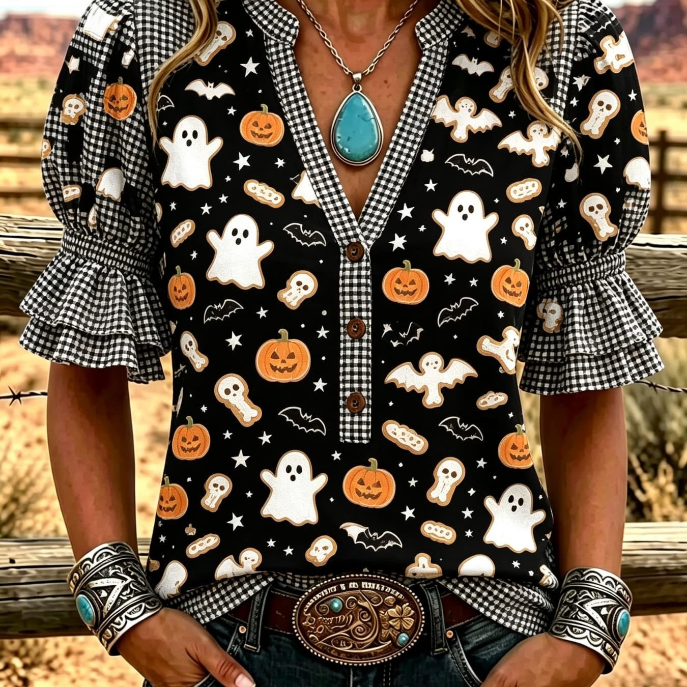 TEMU Black And White Checkered Halloween Skeleton Cookie Pumpkin Bat V-neck Shirt With Edges And Bubble Short Sleeves, Half Open Button Western Style