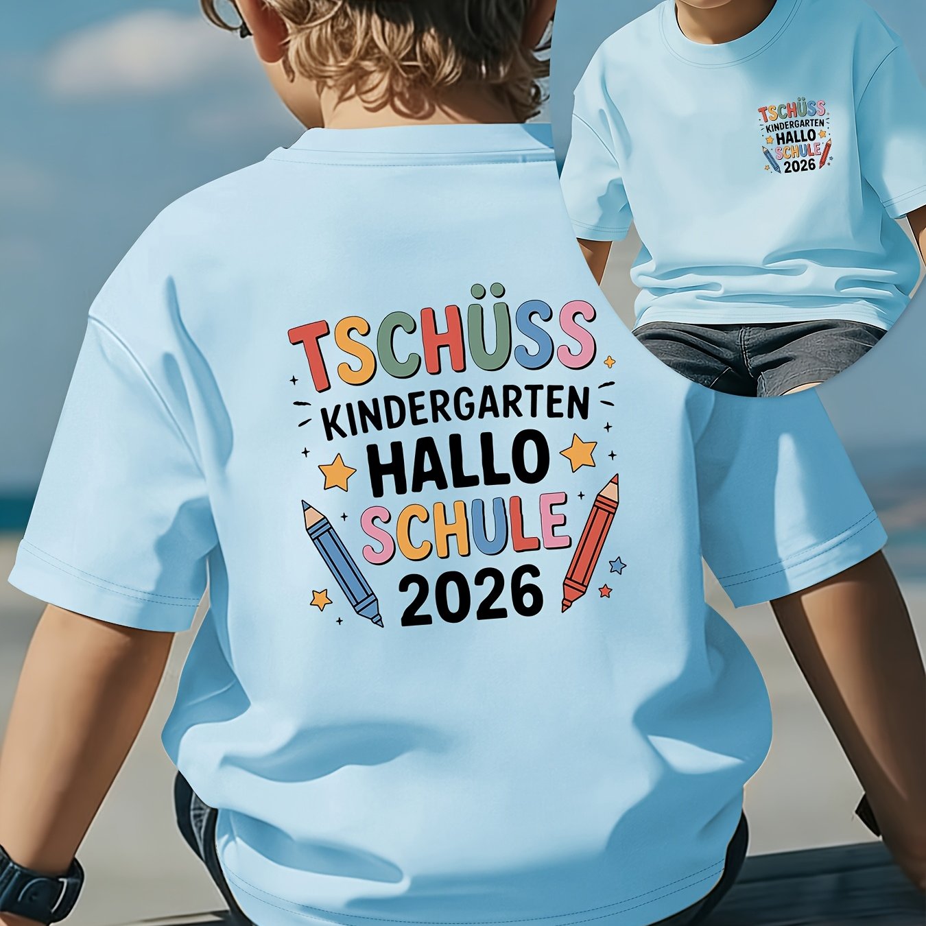 Image of Front And Back Print Boys' T-shirt, German Back-to- Colored Pencil Print Spring And Summer Round Neck Comfortable Short Sleeve, Stylish And Boys Outdoor Wear