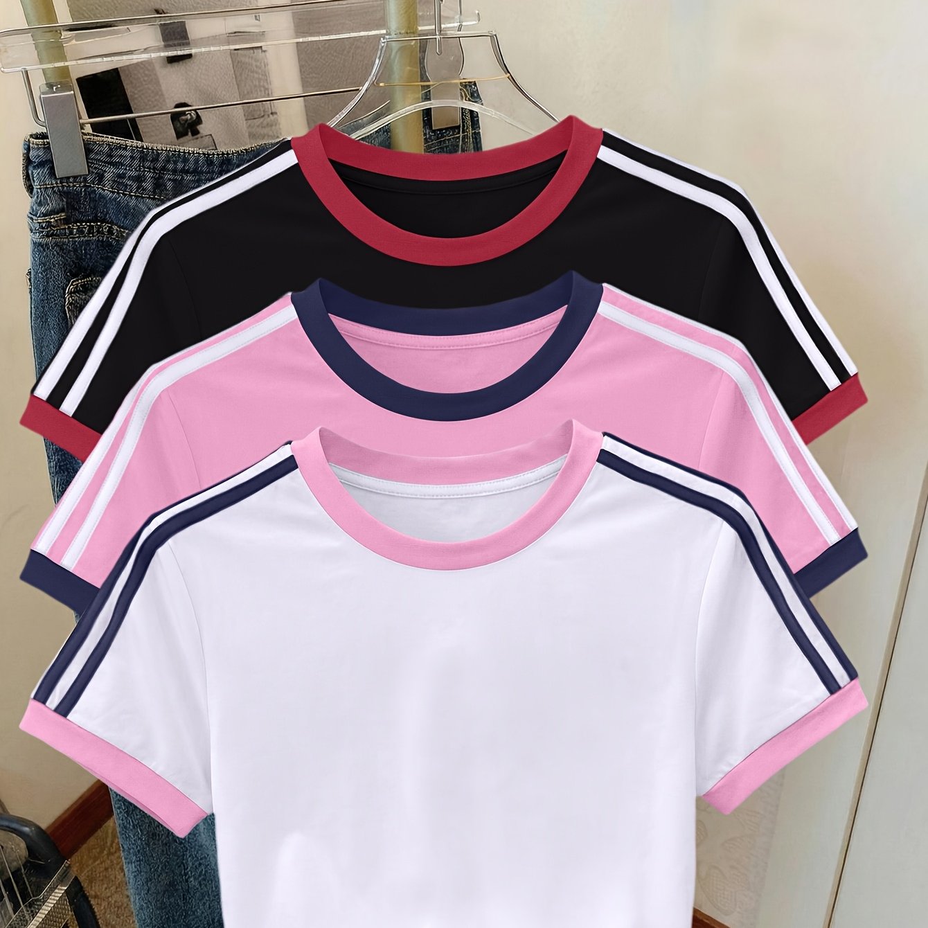 TEMU Two-stripe Crew Neck Striped Short-sleeve T-shirt, Suitable For Daily Wear, Three-pack