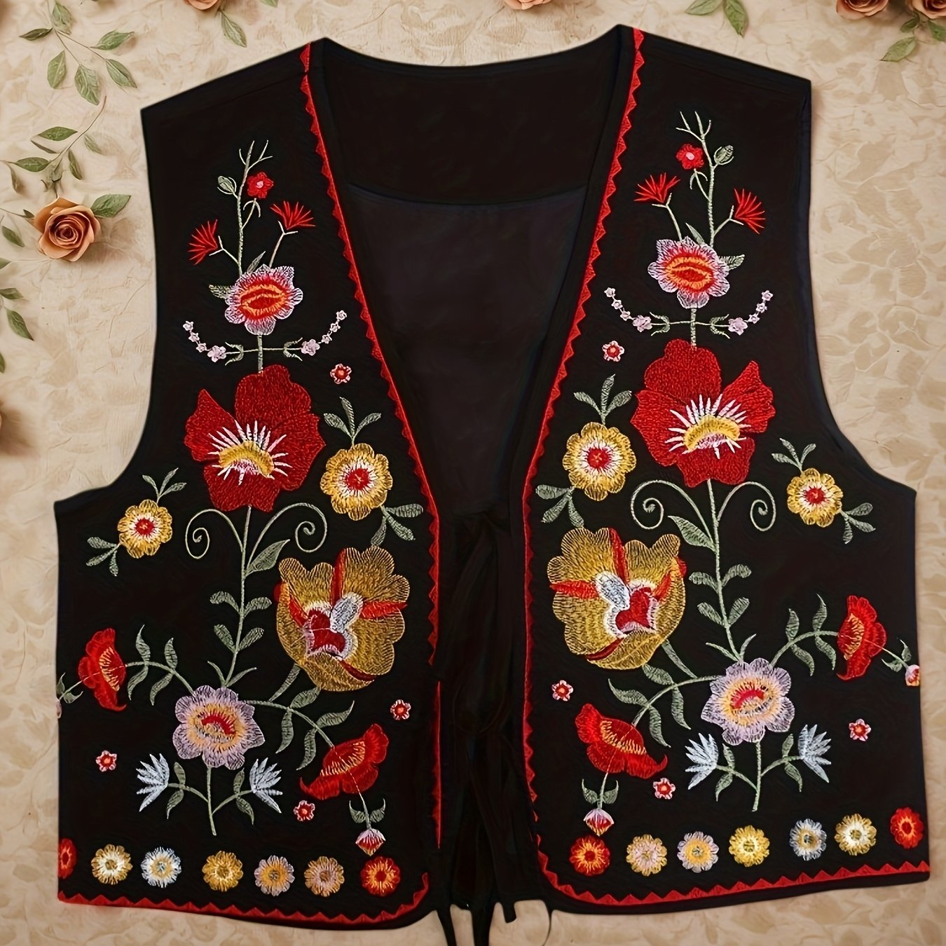 E-shop Damen Bohemian Vintage Ärmellose Jacke mit Blumenstickerei – Boho Weste für Frühling, Sommer, Herbst, Maschinenwaschbare Ärmellose Jacke, Casual