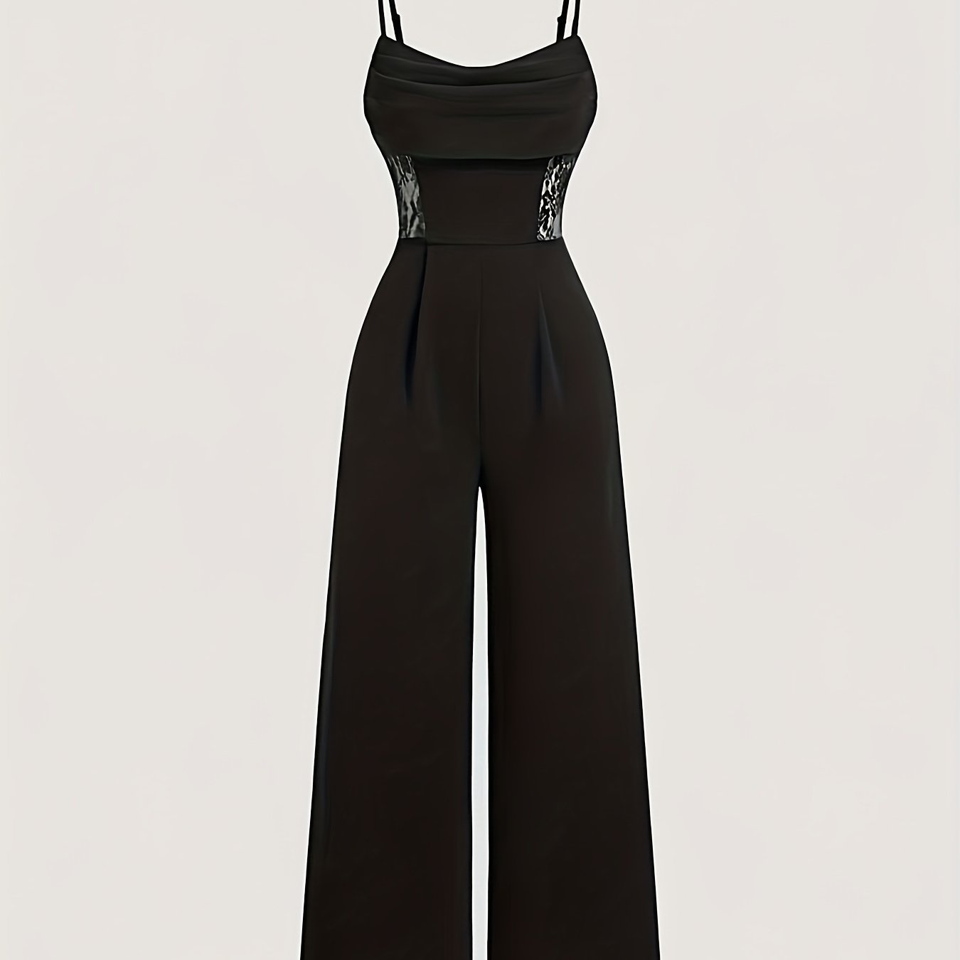 Image of Plus Size, Plus-size Black Jumpsuit With Draped Collar, Vintage Lace Cutouts, Wide-leg Jumpsuit, Autumn/winter Jumpsuit, Teacher's Old-money Casual Outing Formal Jumpsuit