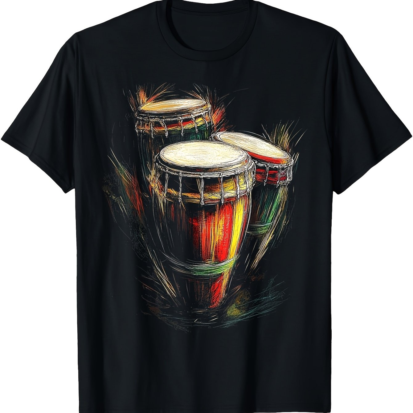 Men's Congas Drum T-shirt - Instrument Tee With Conga Drum, Round Neck Short Sleeve Shirt Suitable For Musicians, Concerts & Lovers, Casual Wear (red, Yellow, Green, Brown)