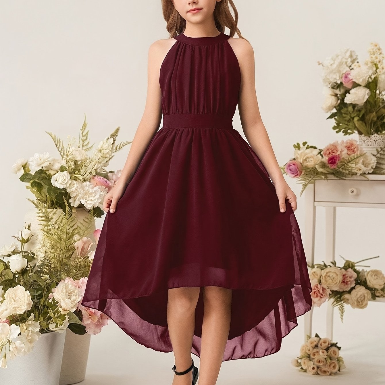 Image of A Dress Small Light Evening Dress Skirt 's New Banquet Temperament Front Short Back Hanging Neck A-line Dress Chiffon Dress Skirt