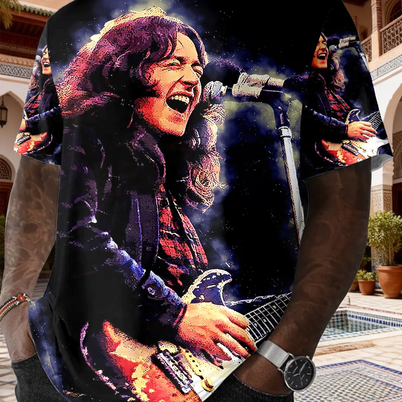 TEMU Men's Electric Guitar Print T-shirt - Soft Crew Neck Short Sleeve Casual Tee Suitable For Daily Wear, Outdoor Activities & Music Events, Rocker