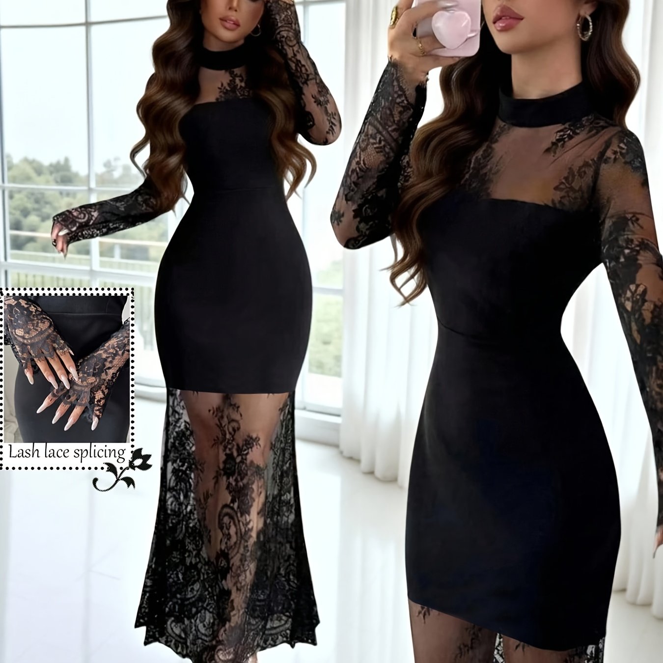 TEMU Women's Elegant Sexy Black Floral Lace Long Sleeve Bodycon Skirt - Autumn Mermaid Dress, Suitable For Evening Parties, Weddings, Banquets, And