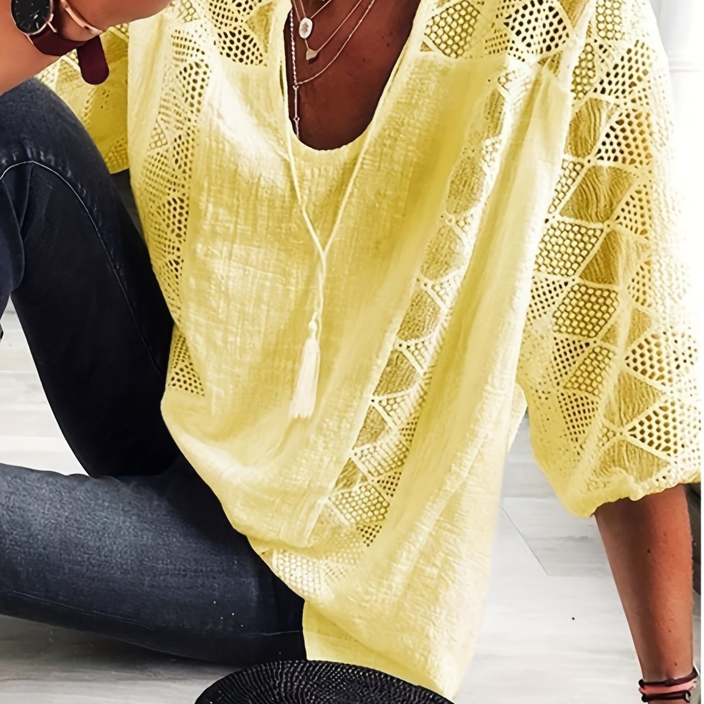 Plus Size - Women's 3/4 Sleeve Lined Set Top - Light -neck Casual Loose Fit Shirt With Geometric Eyelet Details, High-quality Autumn T-shirt, Suitable For Layering Or Wearing Alone