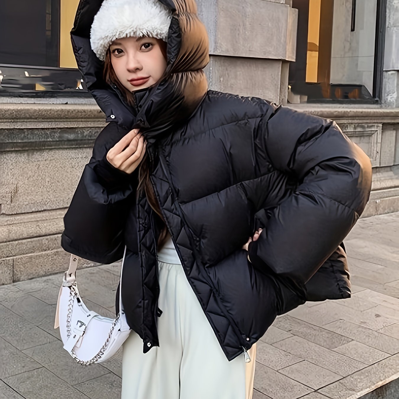 168# Hooded Black Loose Bread Coat, Fashion Casual Thick Warm Heavy Jacket