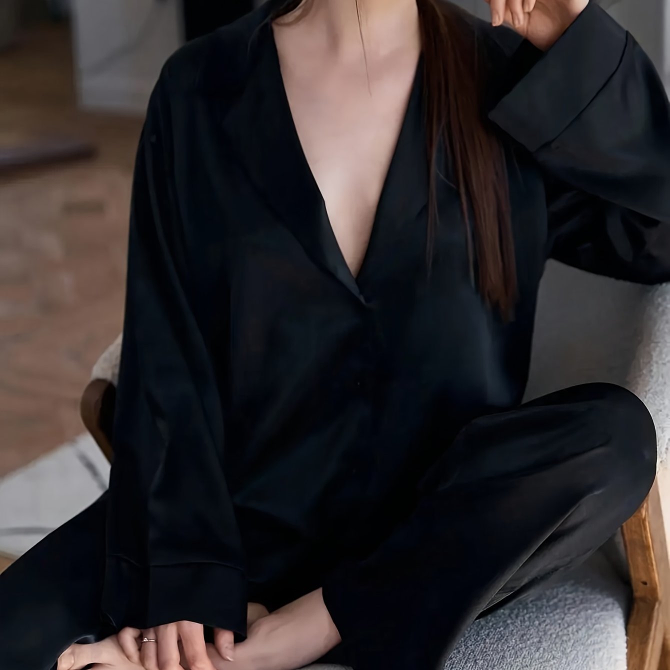 E-shop 2-teiliges Damen-Long-Sleeve-Pyjama-Set für alle Jahreszeiten, locker und bequem, einfarbig, tiefer V-Ausschnitt, Satin Damen-Lounge-Kleidung