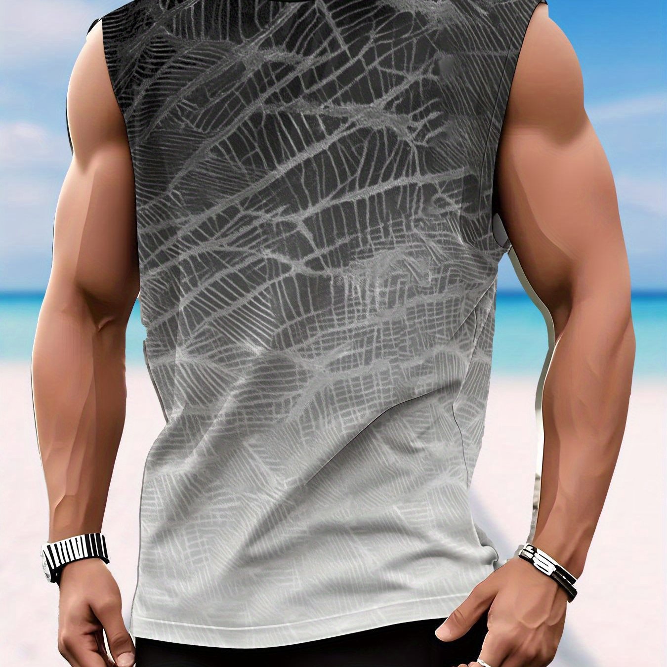 TEMU [print Design-not Textured] Summer Men's Black And White Gradient Sleeveless Vest, Loose Athletic Fitness Camisole T-shirt, Plus Size