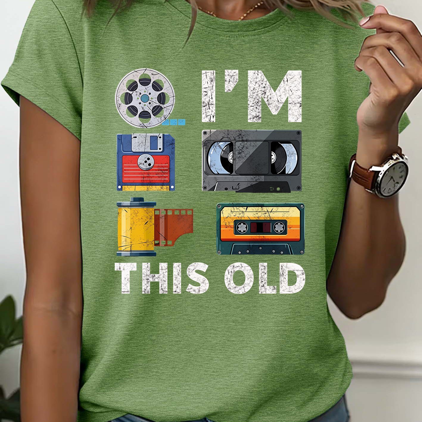 TEMU I'm This Old Vintage Tape Film Nostalgic Theme Print Women's T-shirt, Fun Individual Casual Top, Round Neck Short Sleeve, Skin-friendly