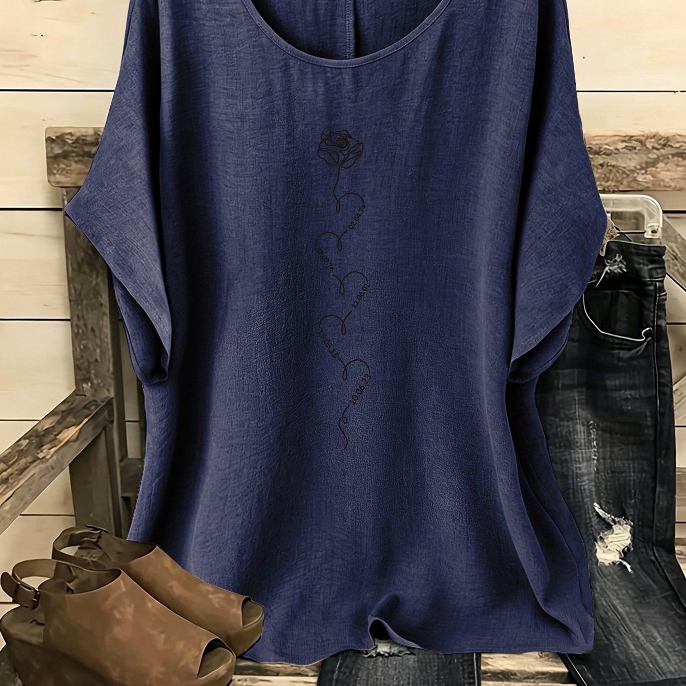 TEMU European And American Women' Creative Bohemian Floral Round Neck Drop Shoulder Sleeve Shirt, Elegant Party Women's Wear, Suitable For Spring,