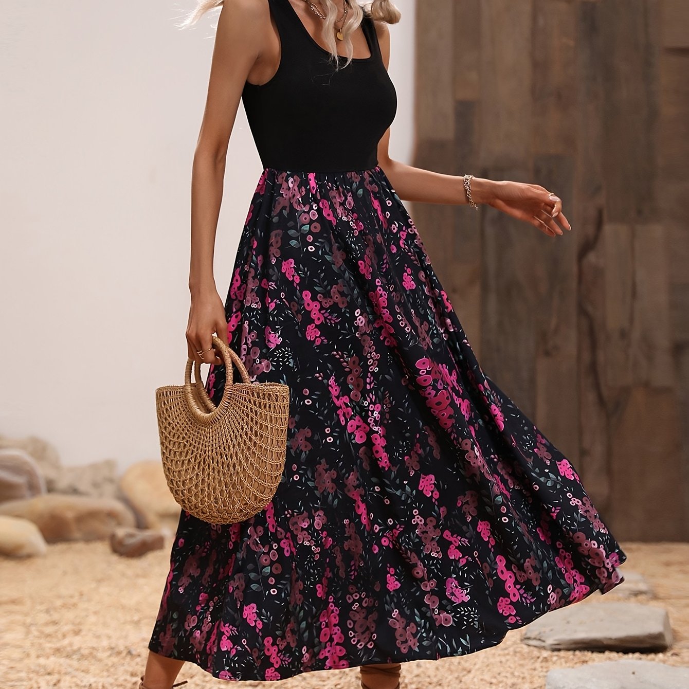 Western Summer Floral Print Sleeveless Dress