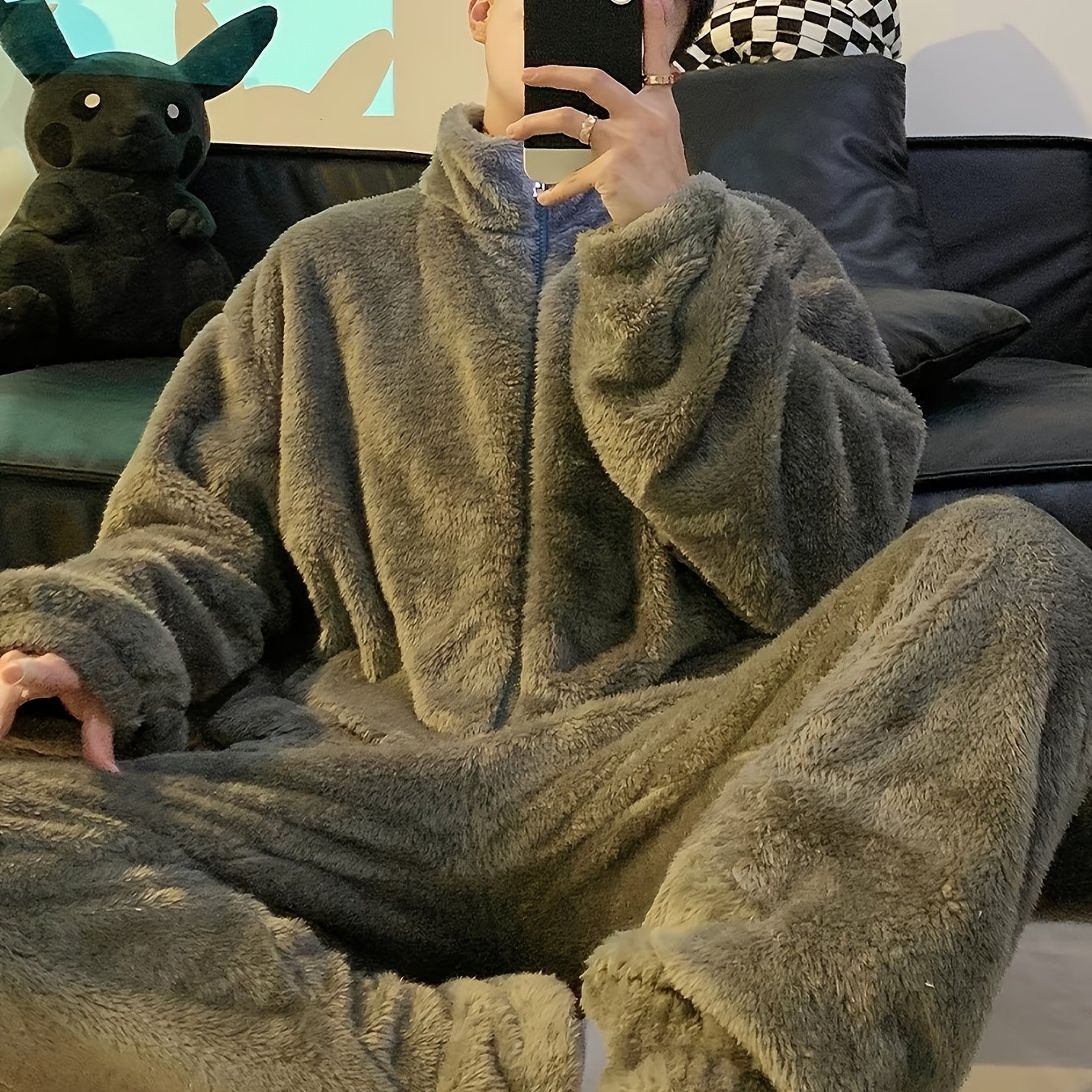 TEMU Ensemble de pyjama en peluche uni avec fermeture éclair, vêtements d'intérieur décontractés, vêtements avec poches, chaud et confortable,