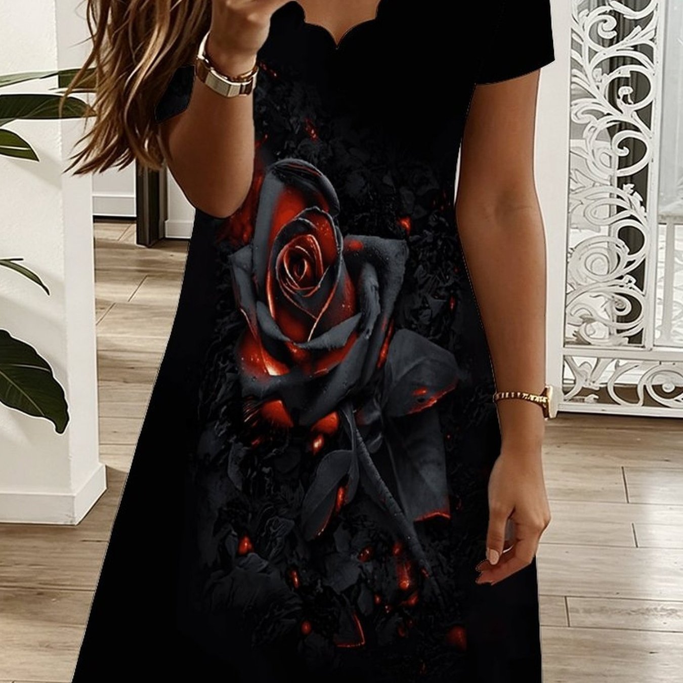 Plus Size, Summer -neck Short Sleeve Dress, All Over Geometric , Elegant Women Dress For Vacation Casual Party