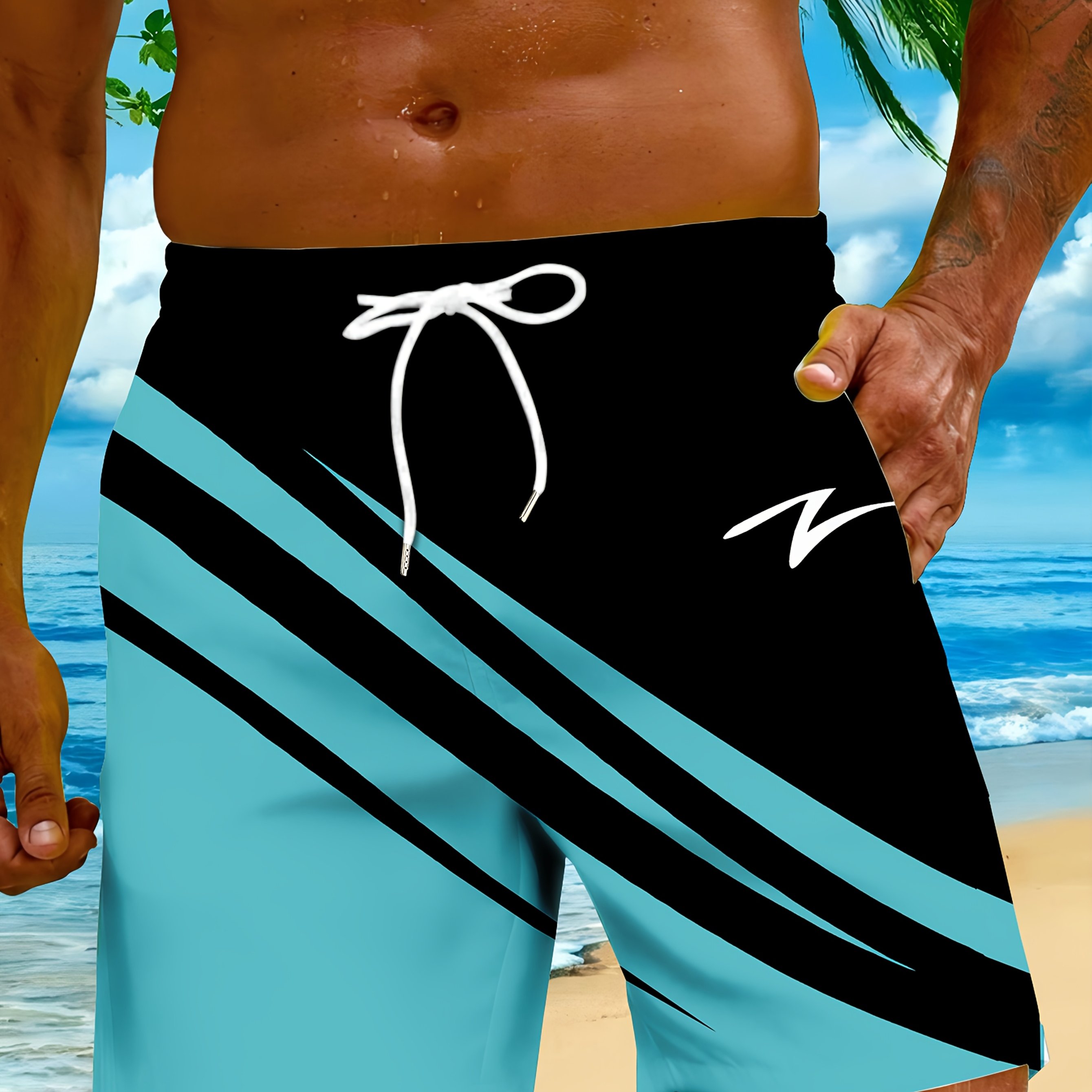 Image of Men's Outdoor Beach Shorts, Hawaiian Style -block Stripes, Casual Sportswear For Beach, Seaside, Pool, And Vacation