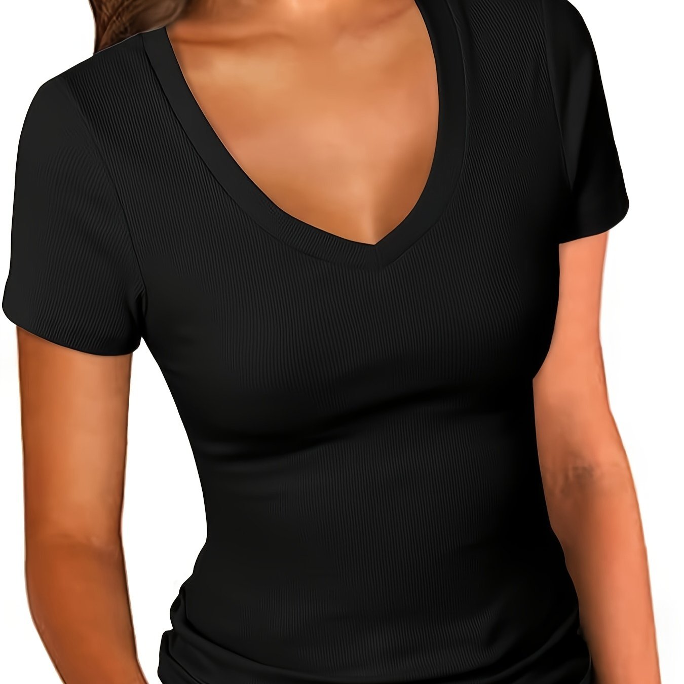 Solid Color V-neck Ribbed Slim Short-sleeved T-shirt