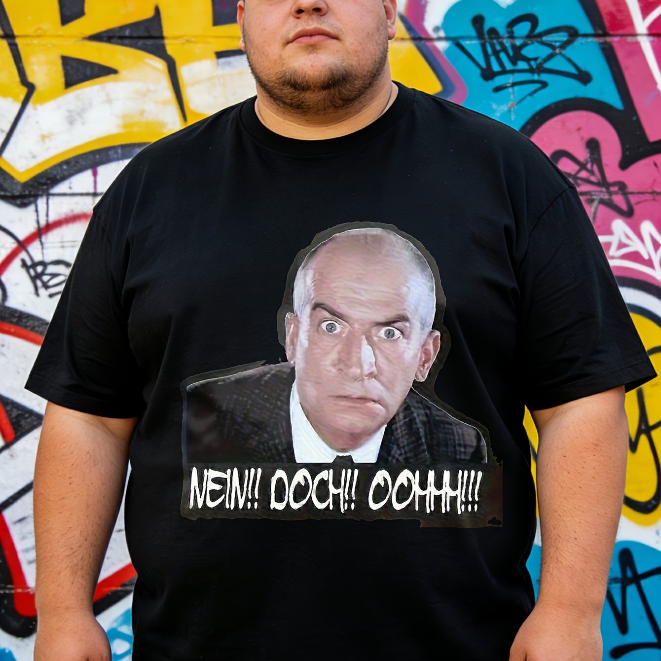 Black T Shirt With Actor Face Print And Nein Doch Ochh Text For Casual Wear, Plus Size