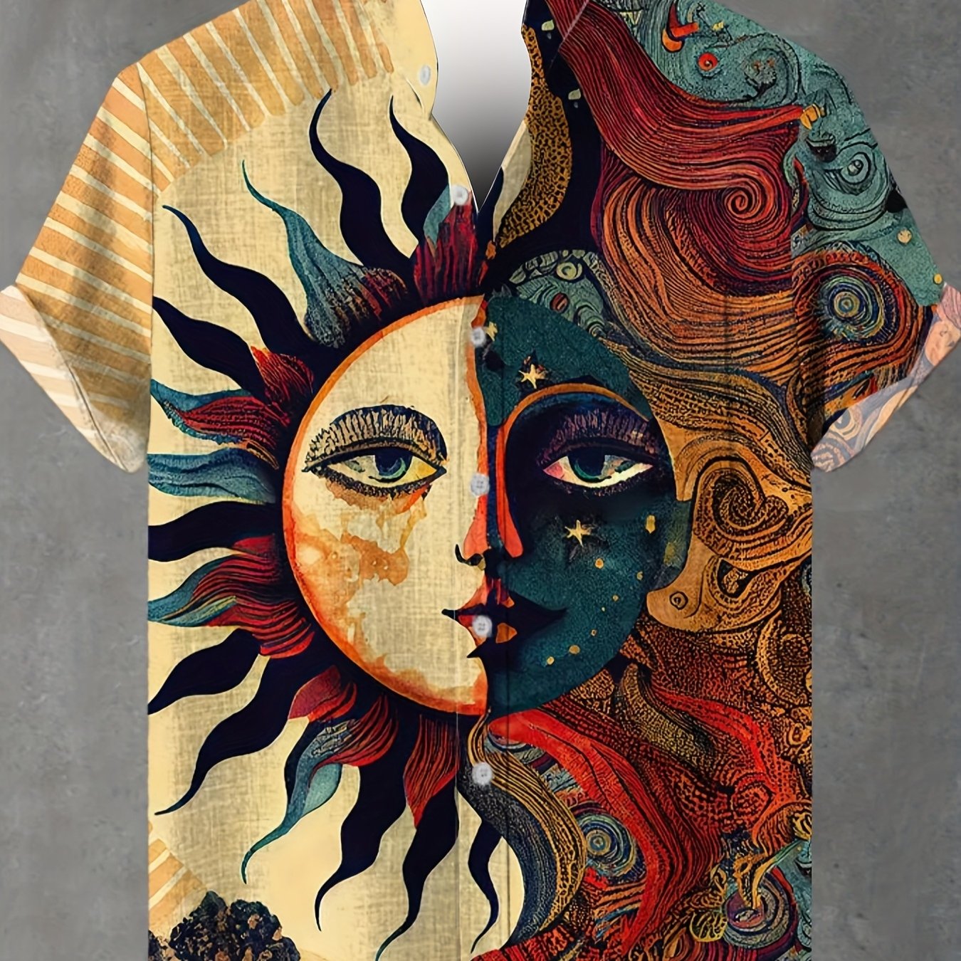 TEMU Men's Vintage Sun God And Moon Print Short-sleeve Shirt, Summer Hawaiian Style Lapel Cardigan, Unique Artistic Vacation Top