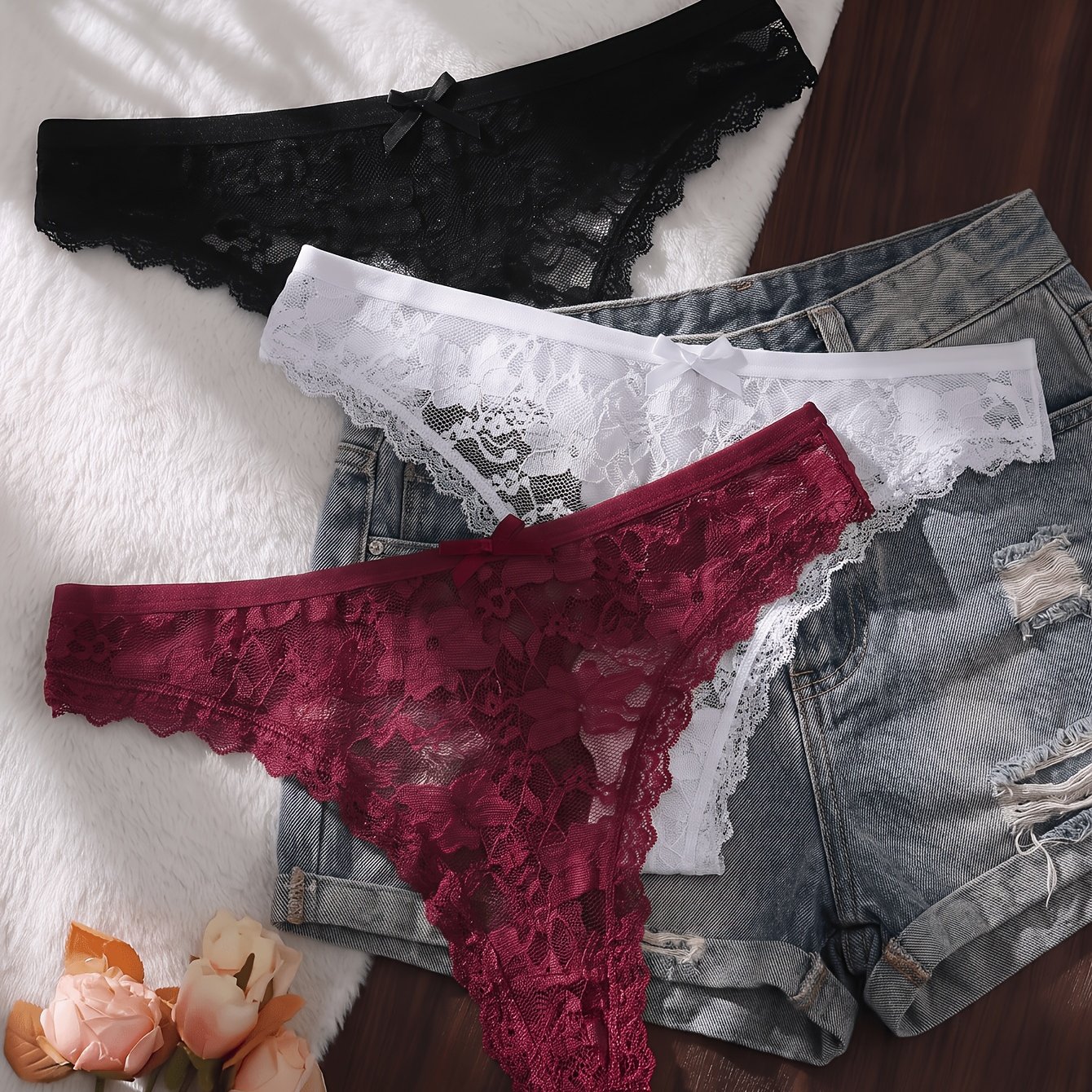 TEMU 3pcs Low-rise Lace Women's G-string Panties, Semi-sheer Lightweight Breathable Fabric, Mix-and-match Set, Suitable For Daily Commute, Casual