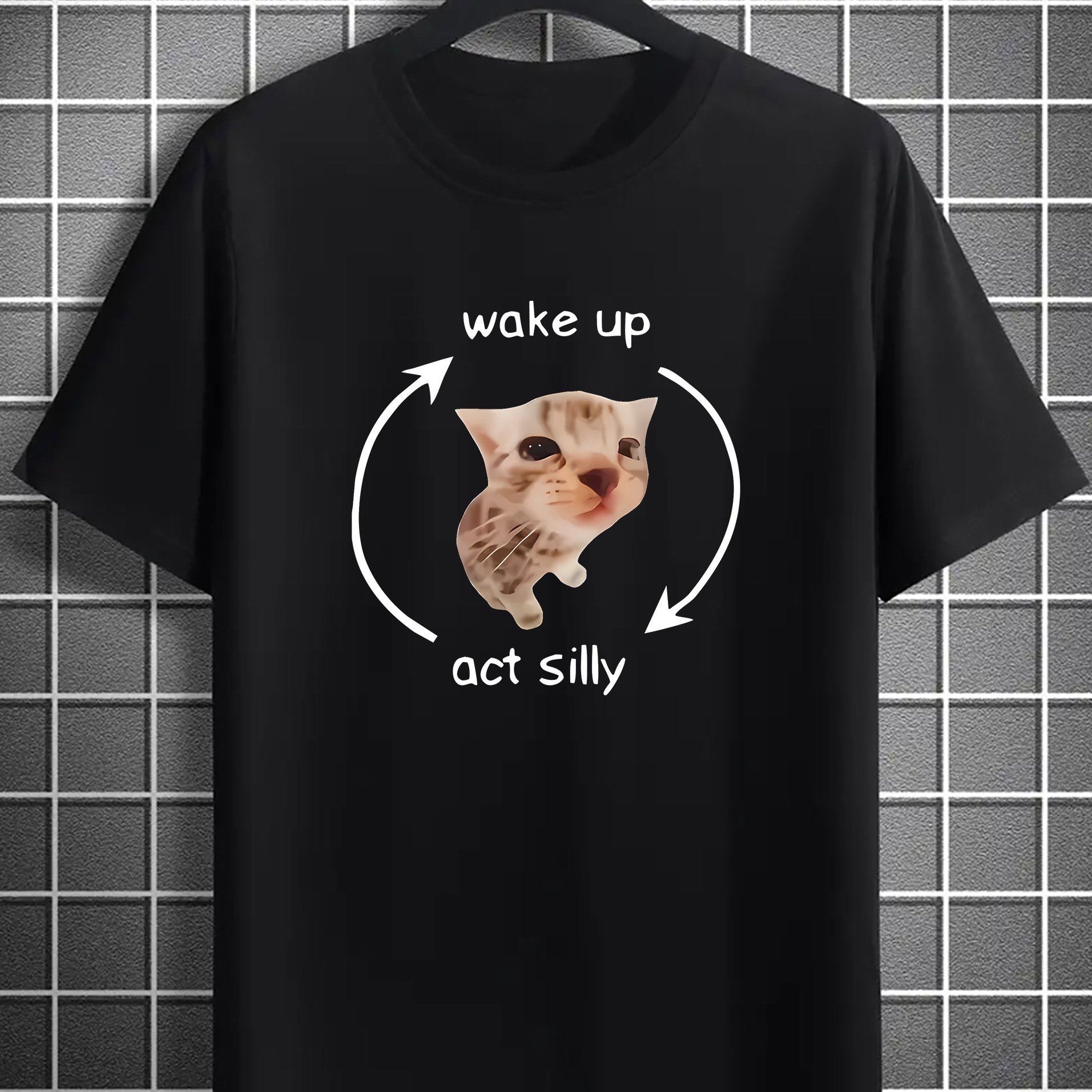 TEMU Silly" Funny Cat Graphic Tee For Men - Casual & Comfortable Summer T-shirt, Breathable Polyester, Machine Washable