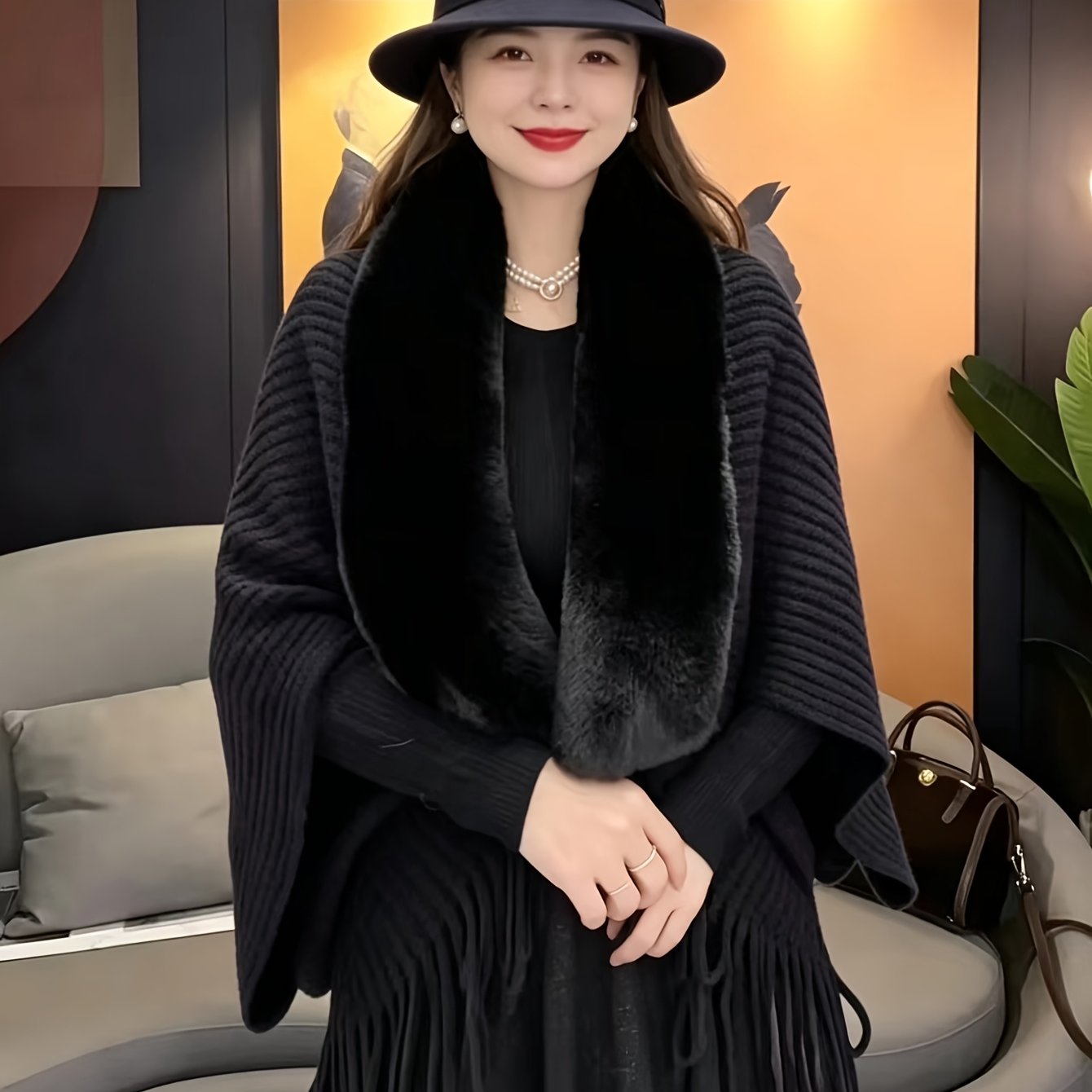TEMU New Autumn/winter Faux Collar Cape Shawl, Versatile High-end Fashion Elegant Cape Cardigan