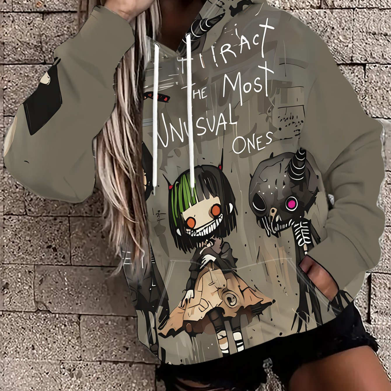 TEMU Fashionable Women's Loose Casual Streetwear Hooded Sweatshirt With 4 Quirky Cartoon Characters, Captioned "i The Most Unusual People" - Stretch