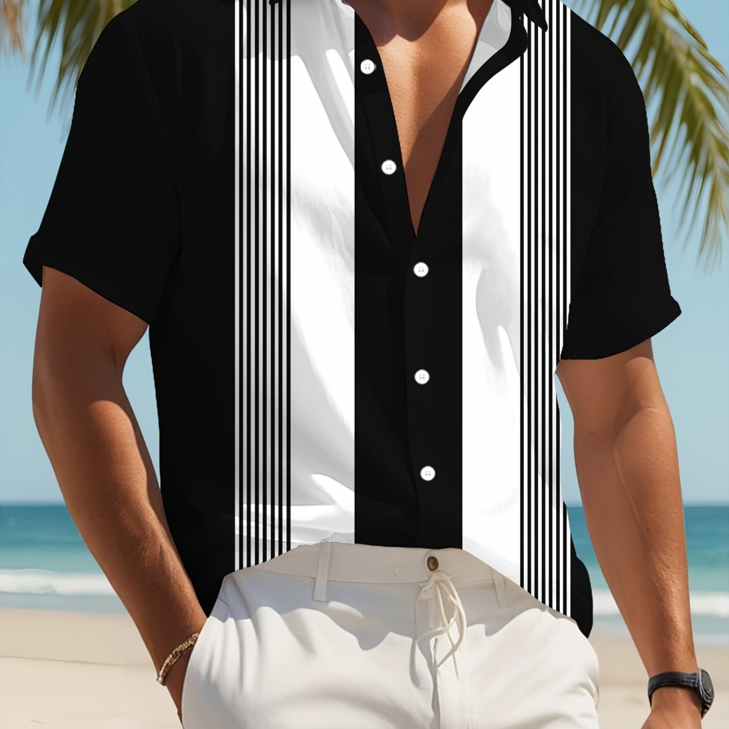 TEMU 3d Printed Striped Men's Shirt, Trendy Streetwear Top, Autumn Menswear