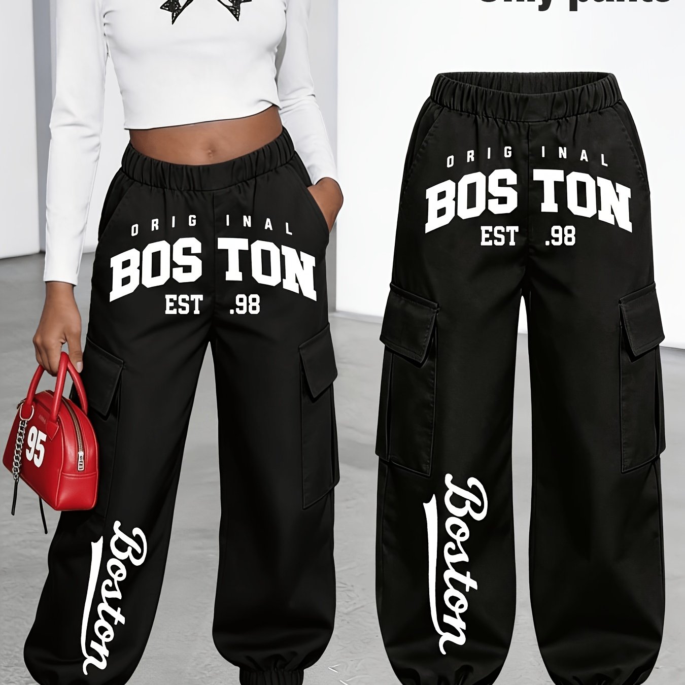 TEMU Nuovo Arrivo - Pantaloni Cargo da Donna Venduti Singolarmente, Pantaloni da Lavoro con Stampa di Lettere a e Divertente con Multiple Tasche, con