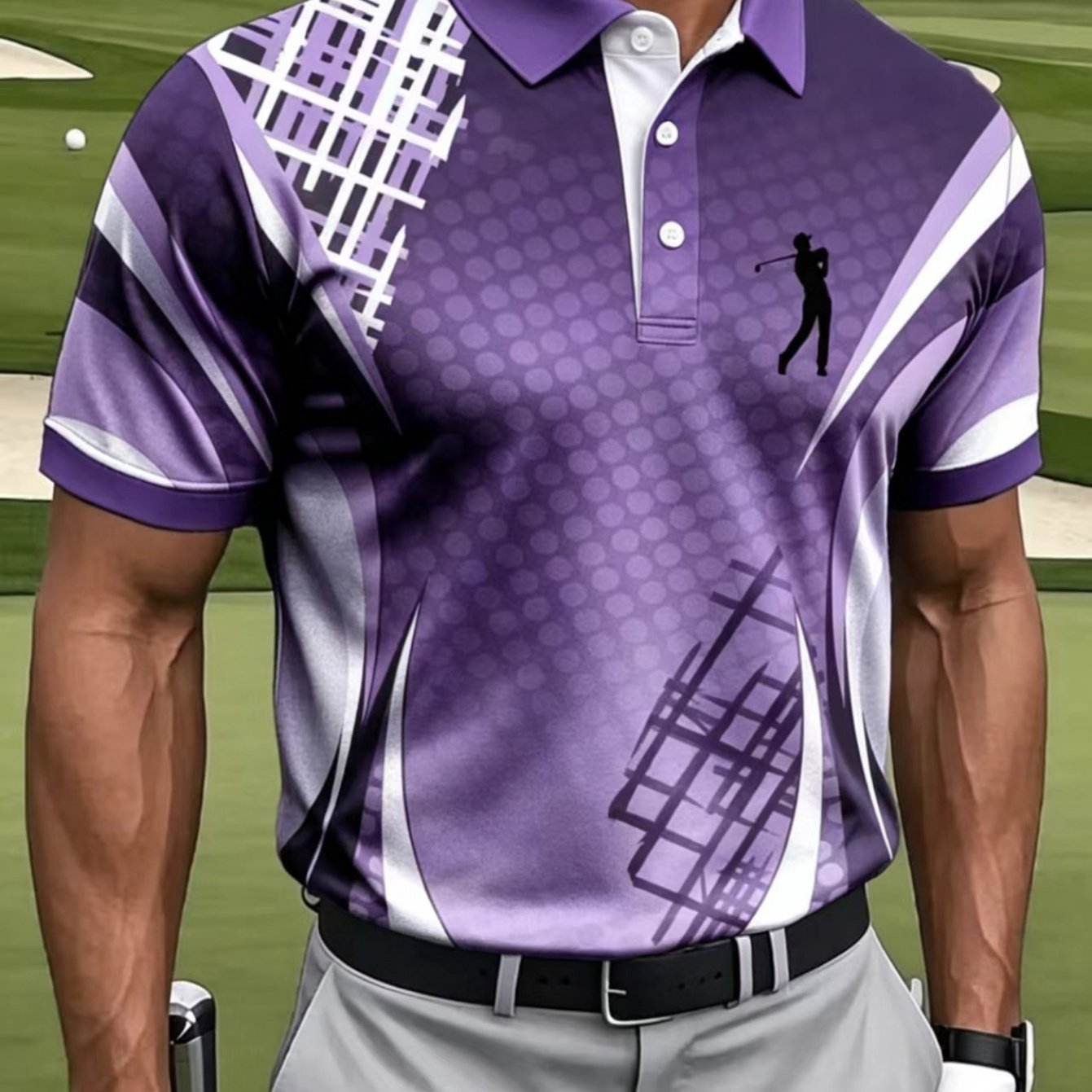 TEMU Haut polo à manches courtes pour homme, style décontracté et athlétique, avec imprimé géométrique et motif de golf, tissu lavable en machine,
