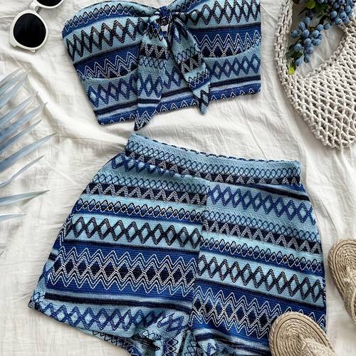 womens vacation sleeveless top and high waisted colorful striped geometric print shorts set vibrant design front tie detail sexy and cute vacation and