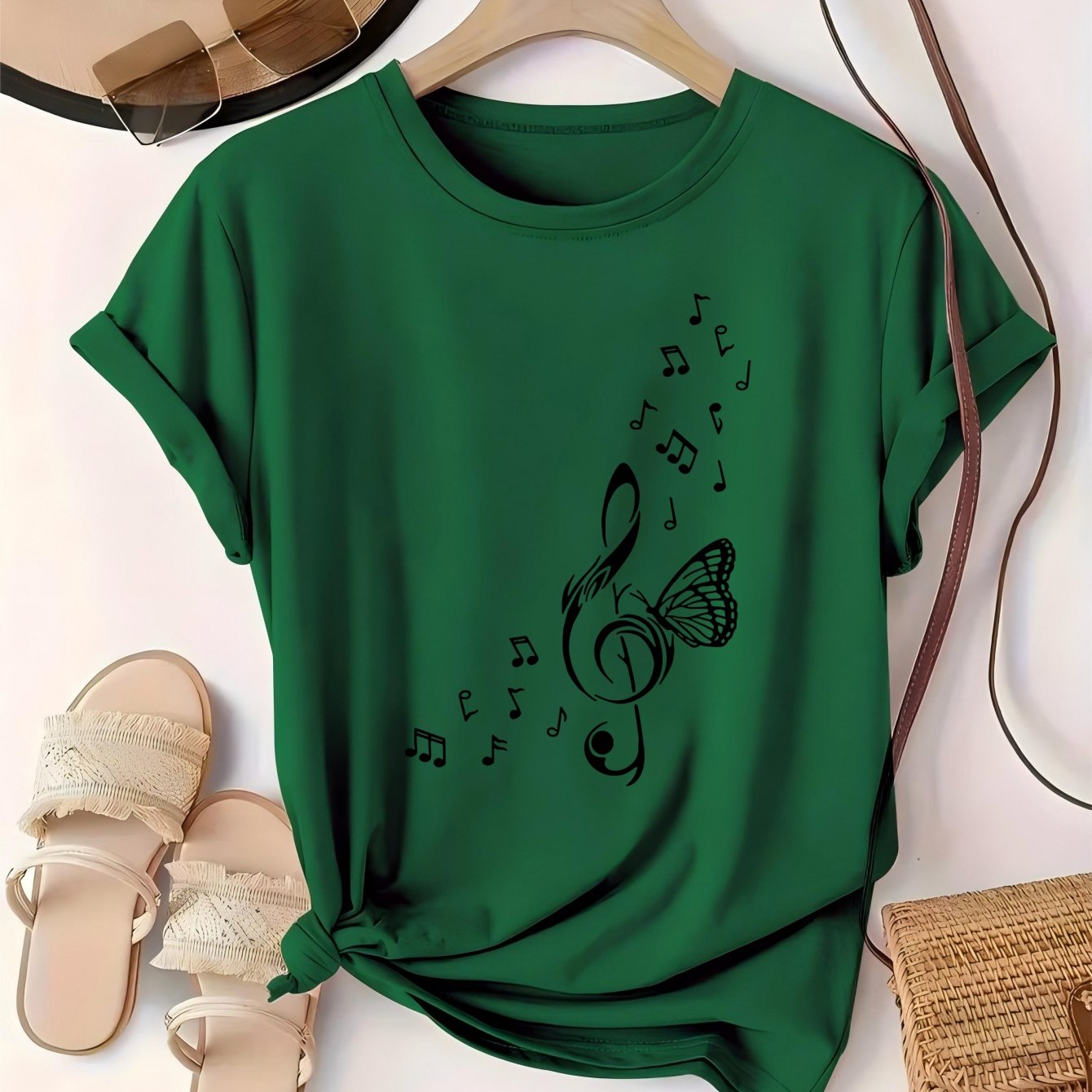 TEMU Plus Size Women' Note Graphic T-shirt - Red Casual Crew Neck Short Sleeve Top With & Treble Clef Design, Lightweight Polyester For Spring Summer